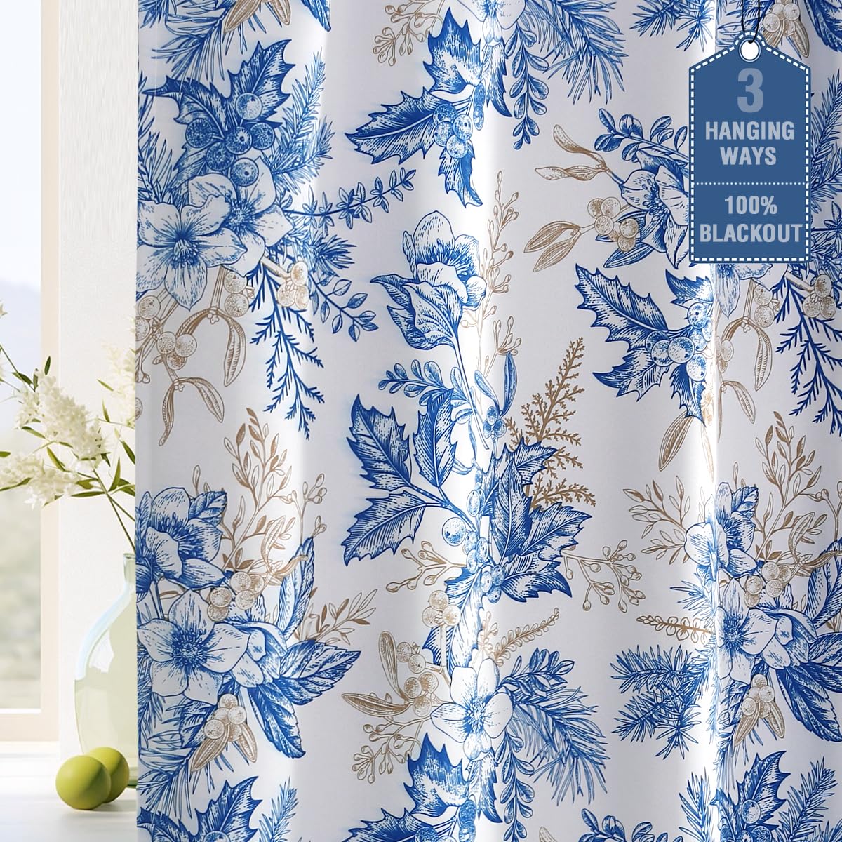 PrimeBeau 100% Blackout Curtains Vintage Floral Printed Drapes (Set of 2 Panels), Blue and Wheat