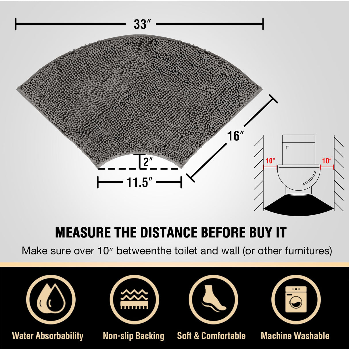 PrimeBeau Curved Bath Mat Luxury Chenille Extra Soft Absorbent Non Slip Quick Dry 16x33 (1 Piece)