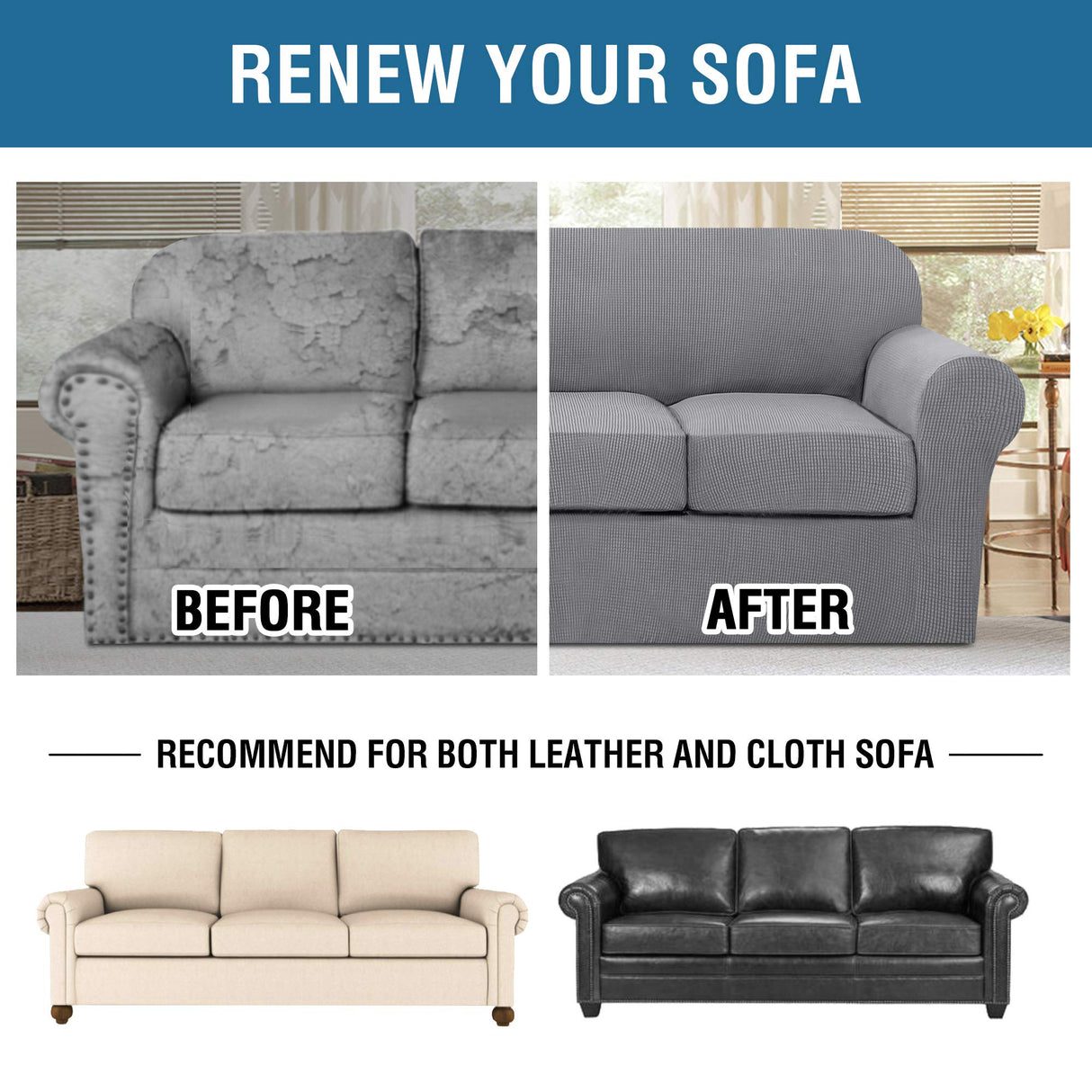 H.VERSAILTEX 4 Piece Stretch Sofa Covers for 3 Cushion Couch Covers for Living Room Furniture Slipcovers (Base Cover Plus 3 Seat Cushion Covers) Upgraded Thicker Jacquard Fabric (Sofa, Dove)