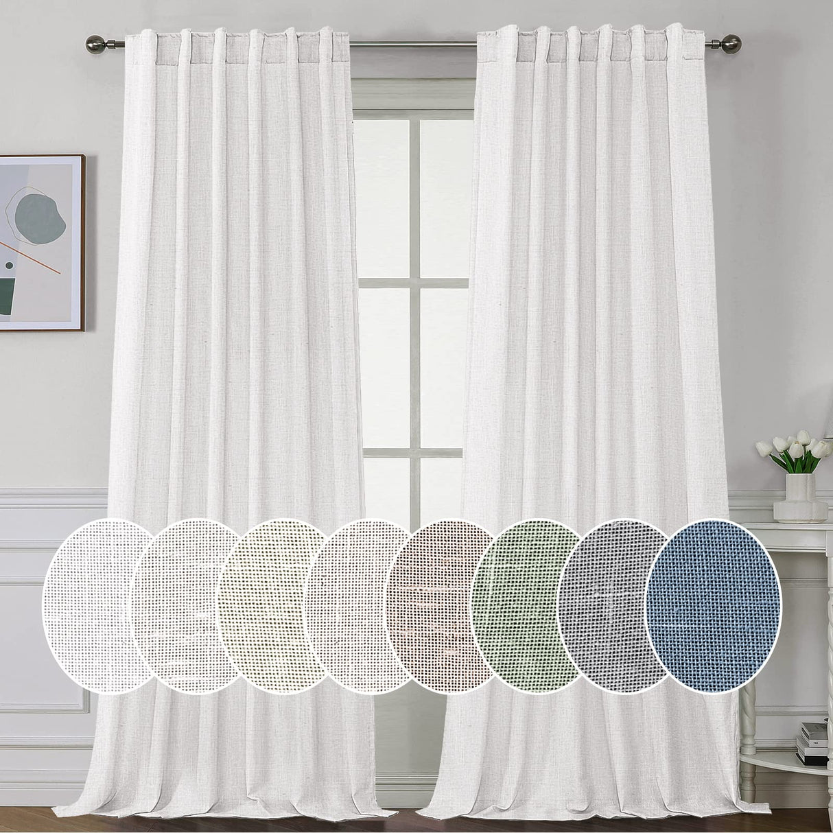 PrimeBeau Natural Linen Curtains 2 Panels Back Tab Loop Pocket Boho Sheer Curtain