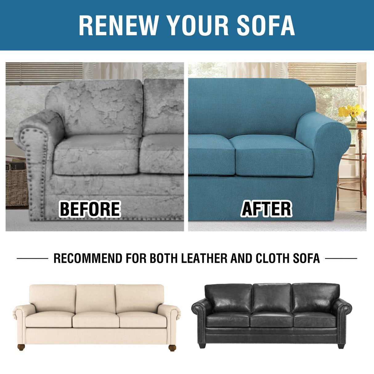 H.VERSAILTEX 4 Piece Stretch Sofa Covers for 3 Cushion Couch Covers for Living Room Furniture Slipcovers (Base Cover Plus 3 Seat Cushion Covers) Upgraded Thicker Jacquard Fabric (XL Sofa, Storm Blue)