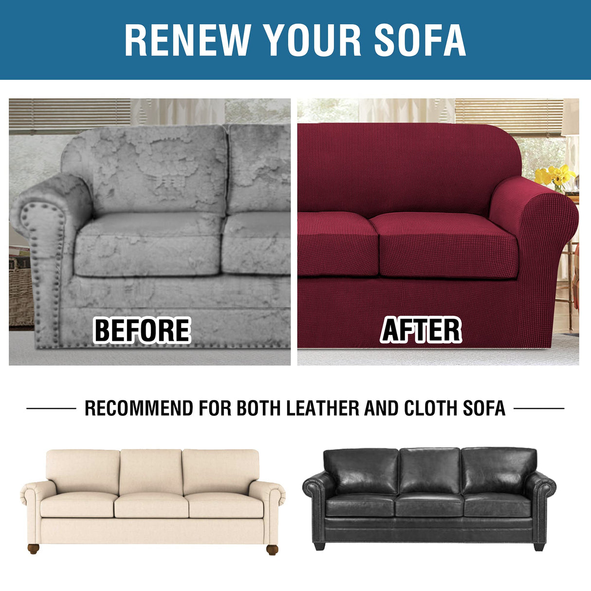 H.VERSAILTEX 4 Piece Stretch Sofa Covers for 3 Cushion Couch Covers for Living Room Furniture Slipcovers (Base Cover Plus 3 Seat Cushion Covers) Upgraded Thicker Jacquard Fabric (XL Sofa, Burgundy)