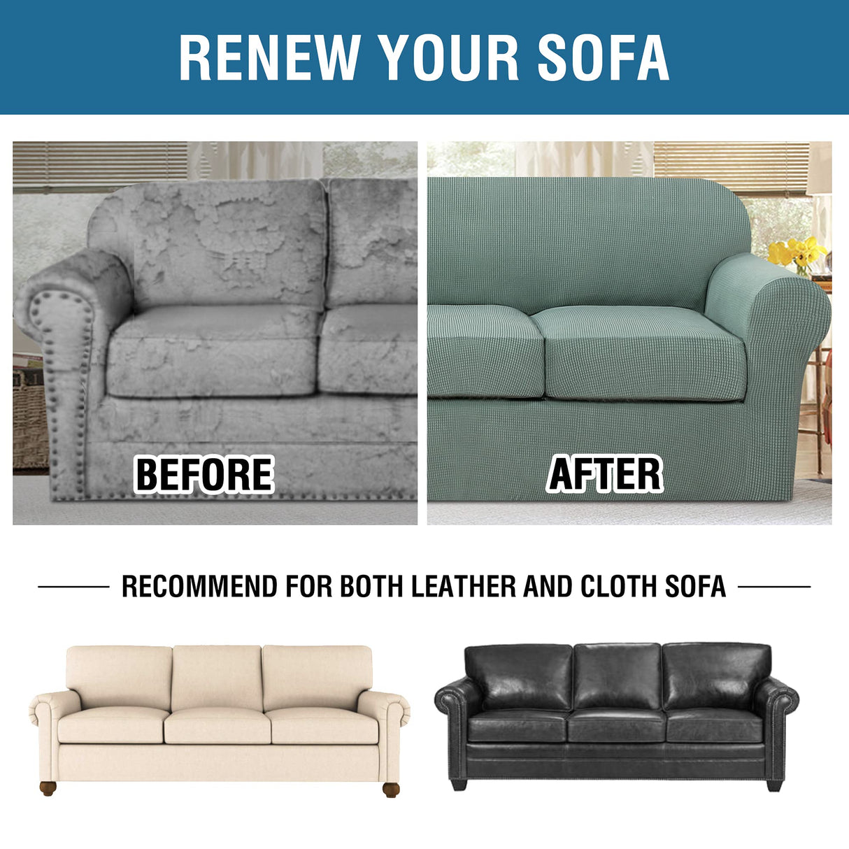 H.VERSAILTEX 4 Piece Stretch Sofa Covers for 3 Cushion Couch Covers for Living Room Furniture Slipcovers (Base Cover Plus 3 Seat Cushion Covers) Upgraded Thicker Jacquard Fabric (XL Sofa, Sage)