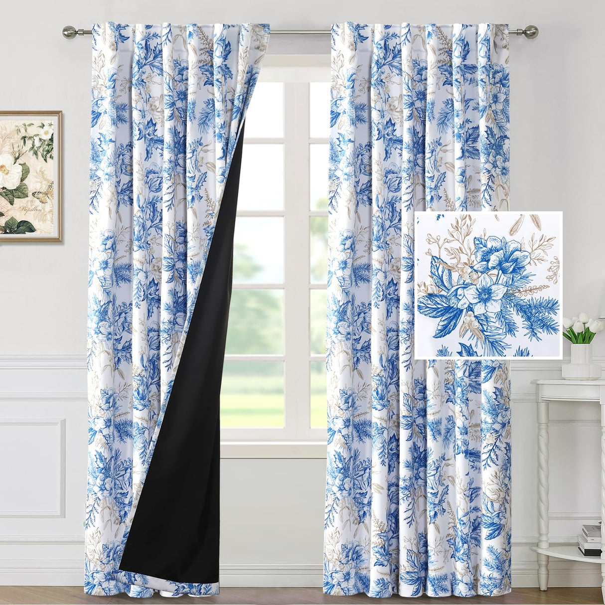 PrimeBeau 100% Blackout Curtains Vintage Floral Printed Drapes (Set of 2 Panels), Blue and Wheat