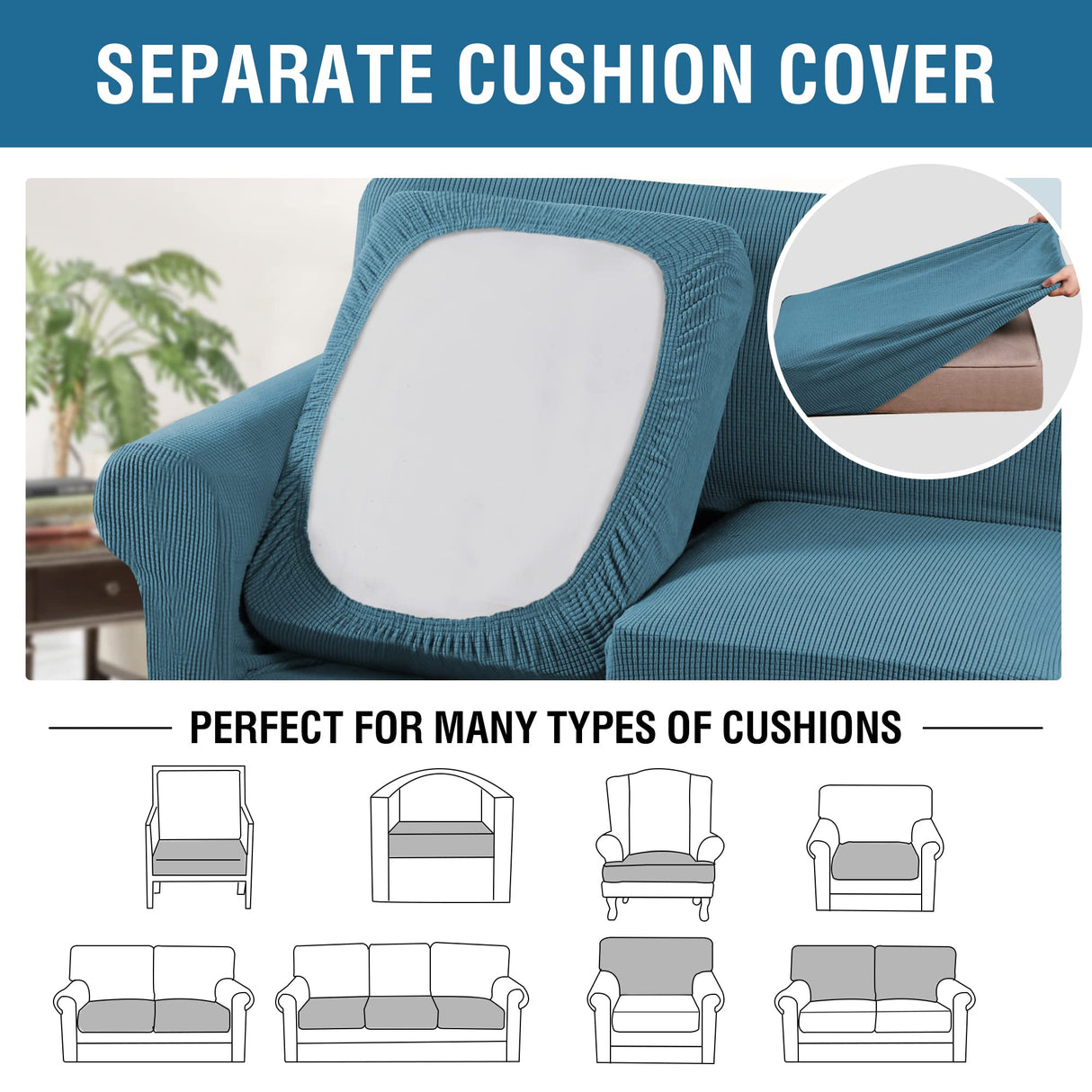 H.VERSAILTEX 3 Piece Stretch Sofa Covers for 2 Cushion Sofa Couch Covers for Living Room Furniture Cover (Base Cover Plus 2 Seat Cushion Covers) Thicker Jacquard Fabric(Large Sofa, Storm Blue)