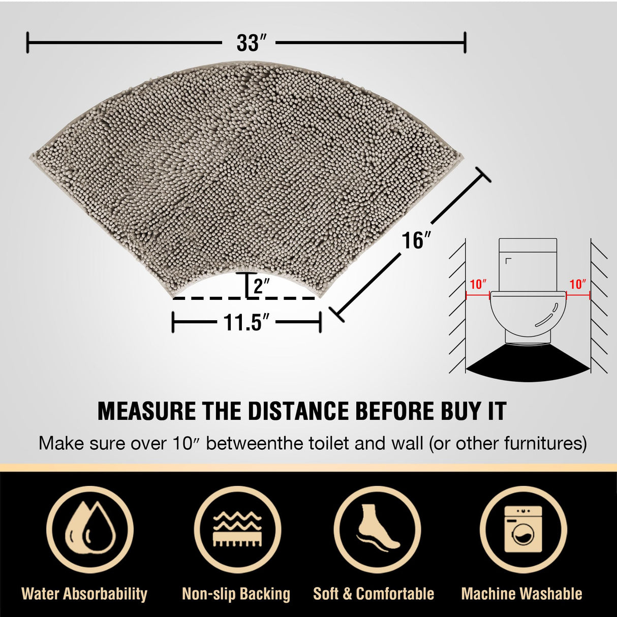 PrimeBeau Curved Bath Mat Luxury Chenille Extra Soft Absorbent Non Slip Quick Dry 16x33 (1 Piece)