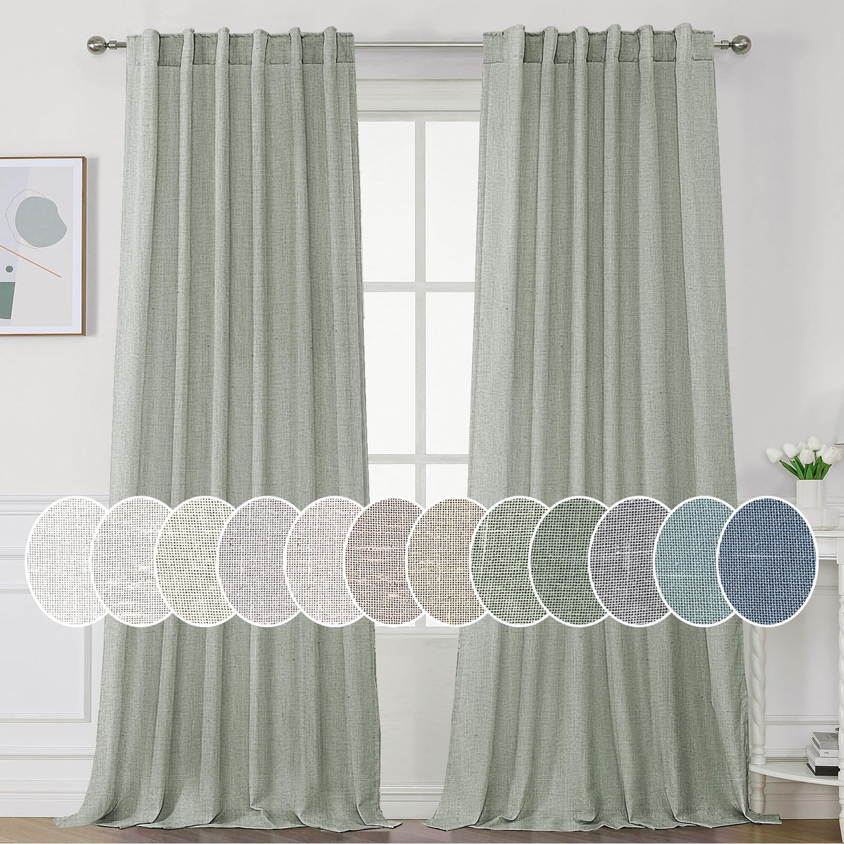 PrimeBeau Natural Linen Curtains 2 Panels Back Tab Loop Pocket Boho Sheer Curtain