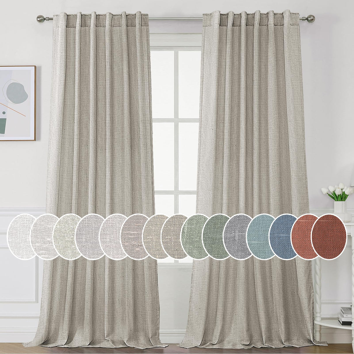 PrimeBeau Natural Linen Curtains 2 Panels Back Tab Loop Pocket Boho Sheer Curtain