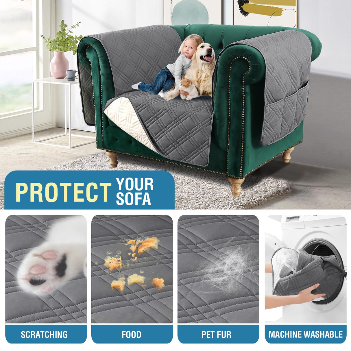 PrimeBeau 100% Waterproof Oversized Armchair Couch Covers Traditional Chesterfield Sofa Covers with Extra Long Armrest Cover Waterproof and Washable Thick Couch Cover for Dogs (1 Piece)