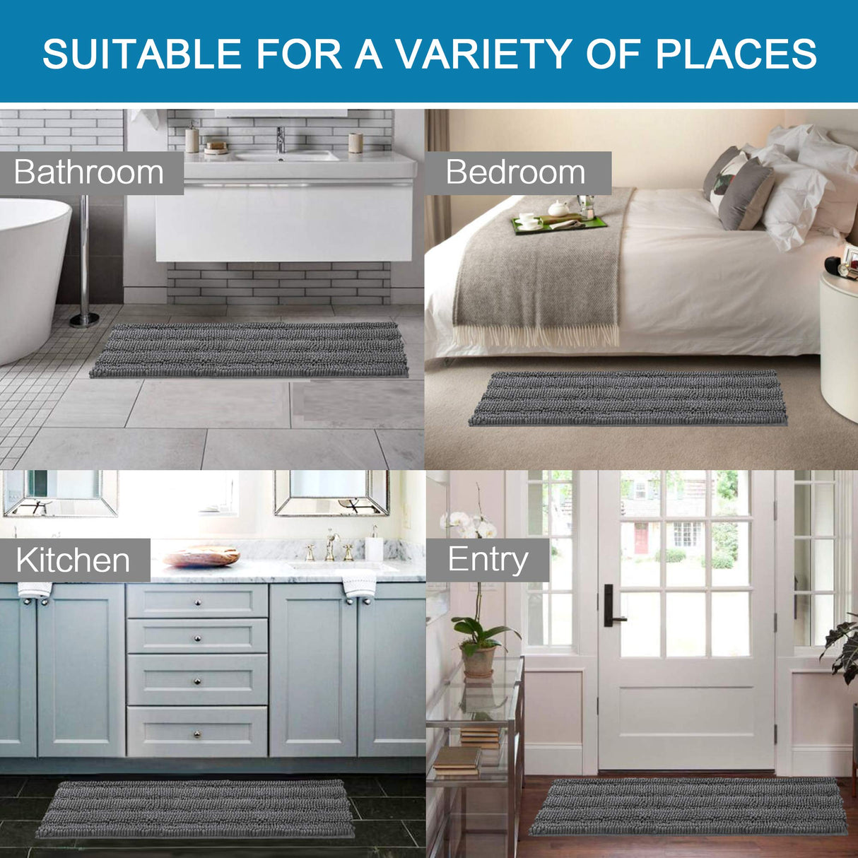 PrimeBeau Luxury Chenille Striped Bath Mats Set | Ultra Thick & Absorbent Non Slip Rugs 59“ x 20"