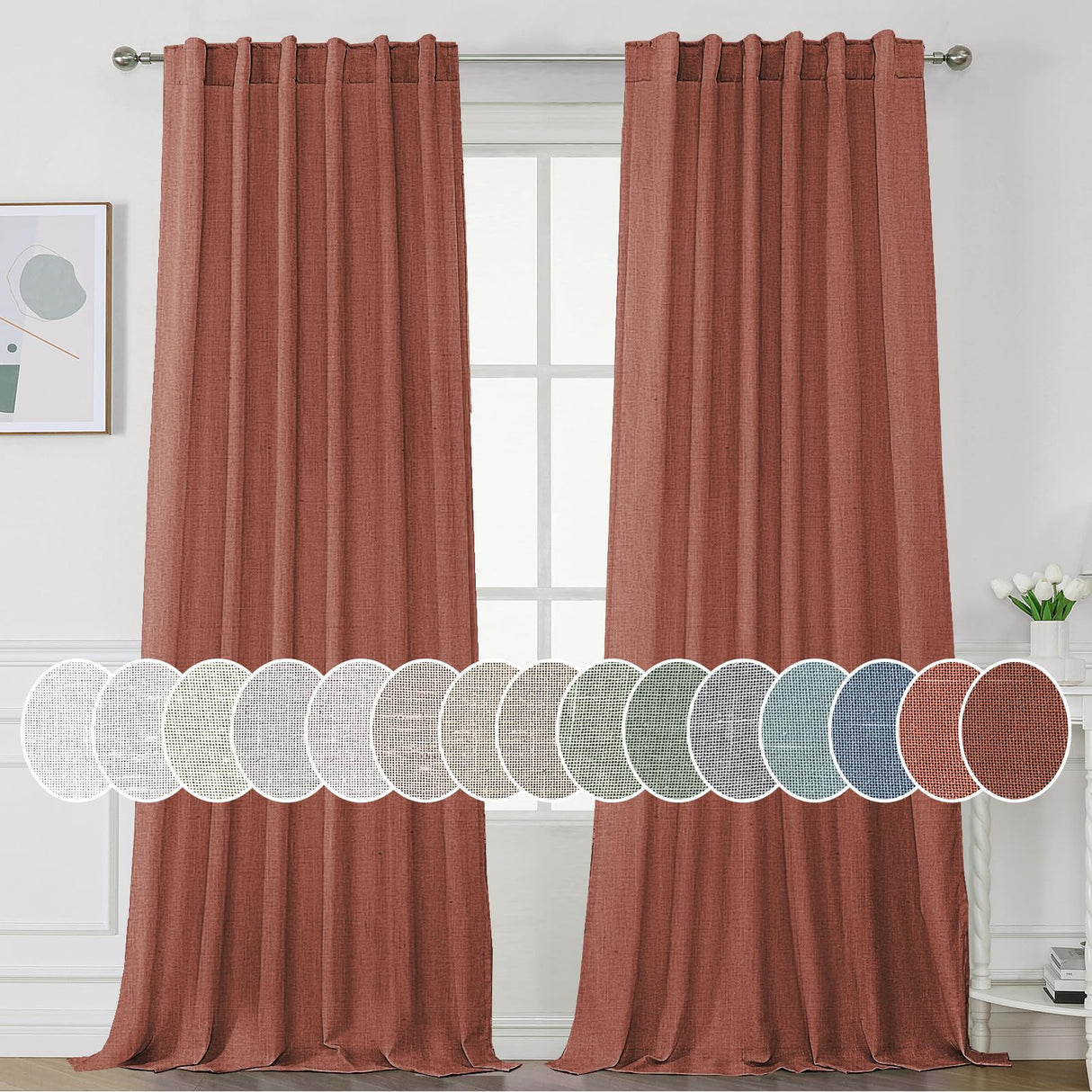 PrimeBeau Natural Linen Curtains 2 Panels Back Tab Loop Pocket Boho Sheer Curtain