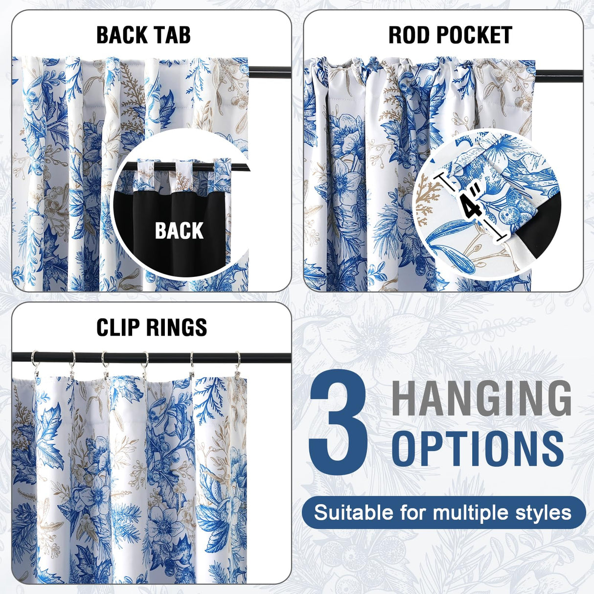 PrimeBeau 100% Blackout Curtains Vintage Floral Printed Drapes (Set of 2 Panels), Blue and Wheat