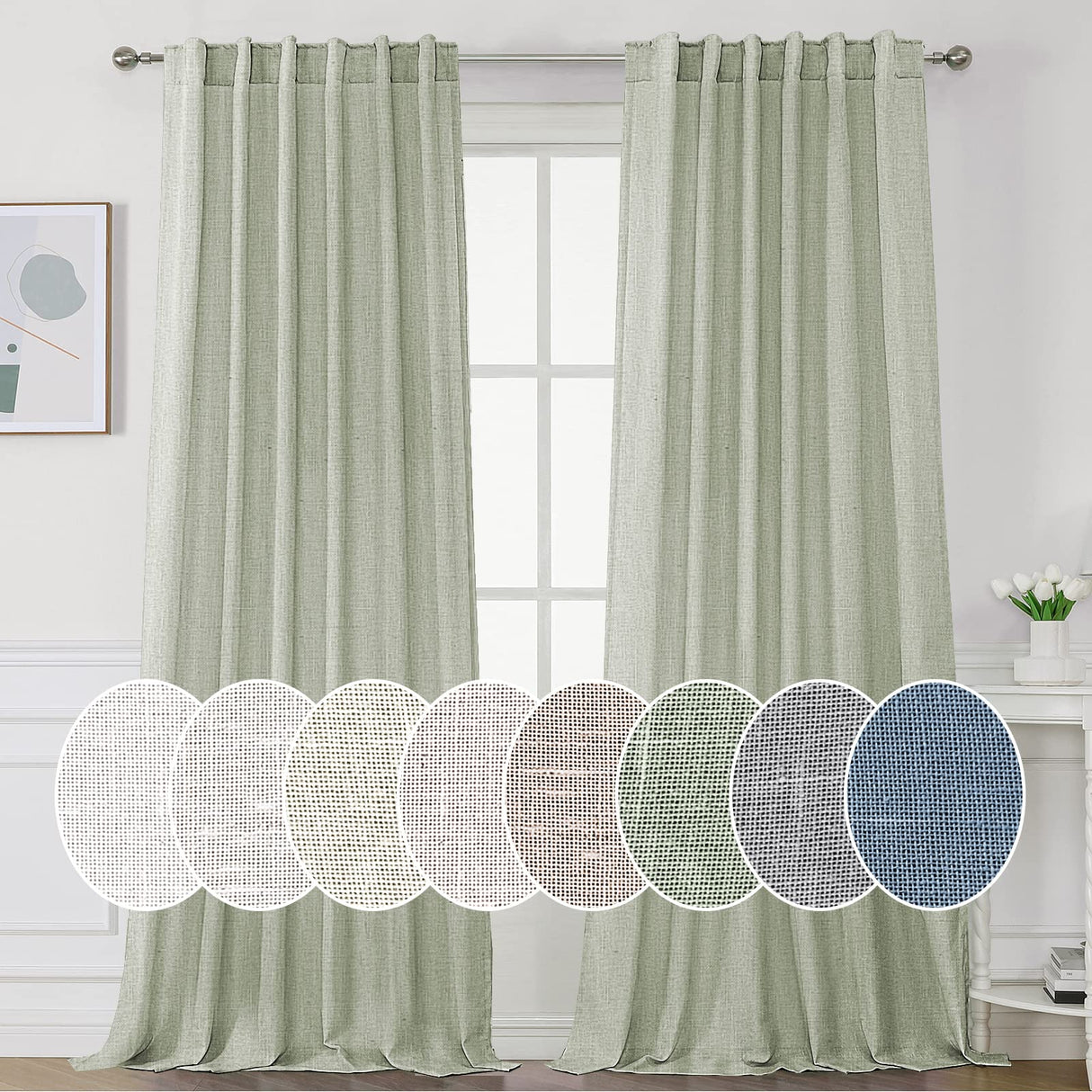 PrimeBeau Natural Linen Curtains 2 Panels Back Tab Loop Pocket Boho Sheer Curtain