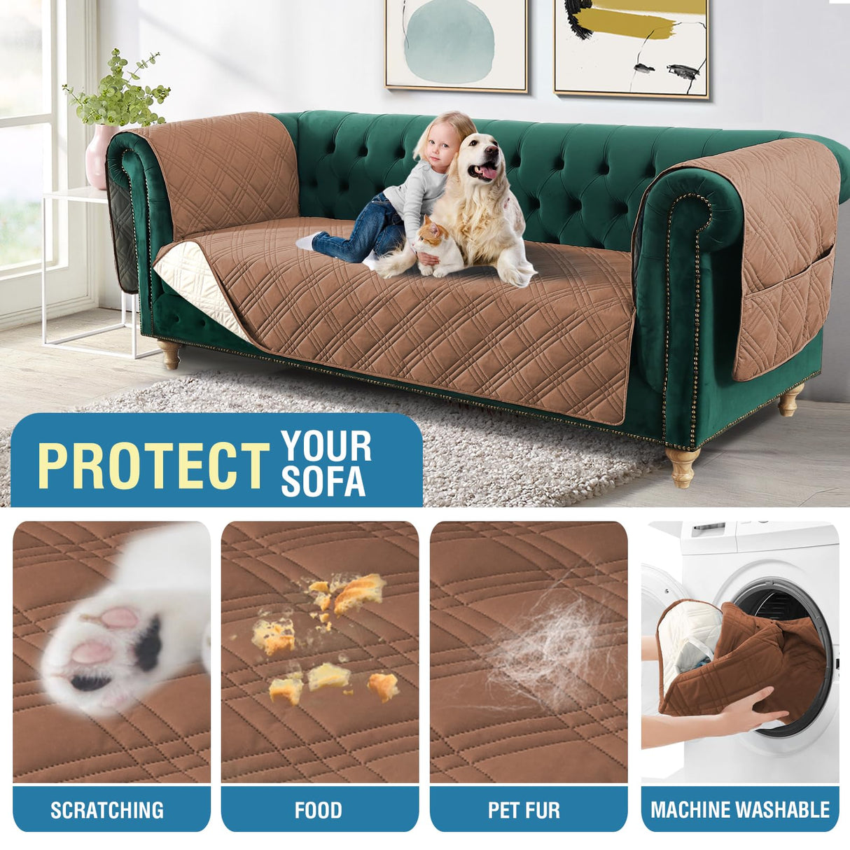 PrimeBeau 100% Waterproof Sofa & Oversize Sofa Covers Traditional Chesterfield Sofa Covers with Extra Long Armrest Cover Waterproof and Washable Thick Couch Cover for Dogs (1 Piece)