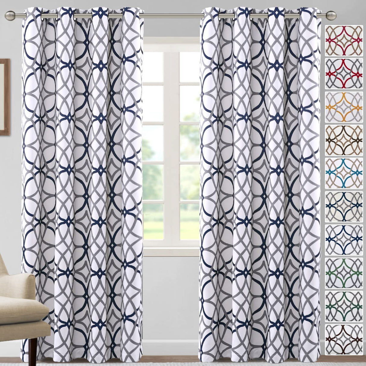 H.VERSAILTEX Blackout Curtains Printed Design for Bedroom 84 Inch Length 2 Panels Set Thermal Insulated Curtains Living Room Geometric Modern Grommet Window Drapes - Dark Denim and Grey