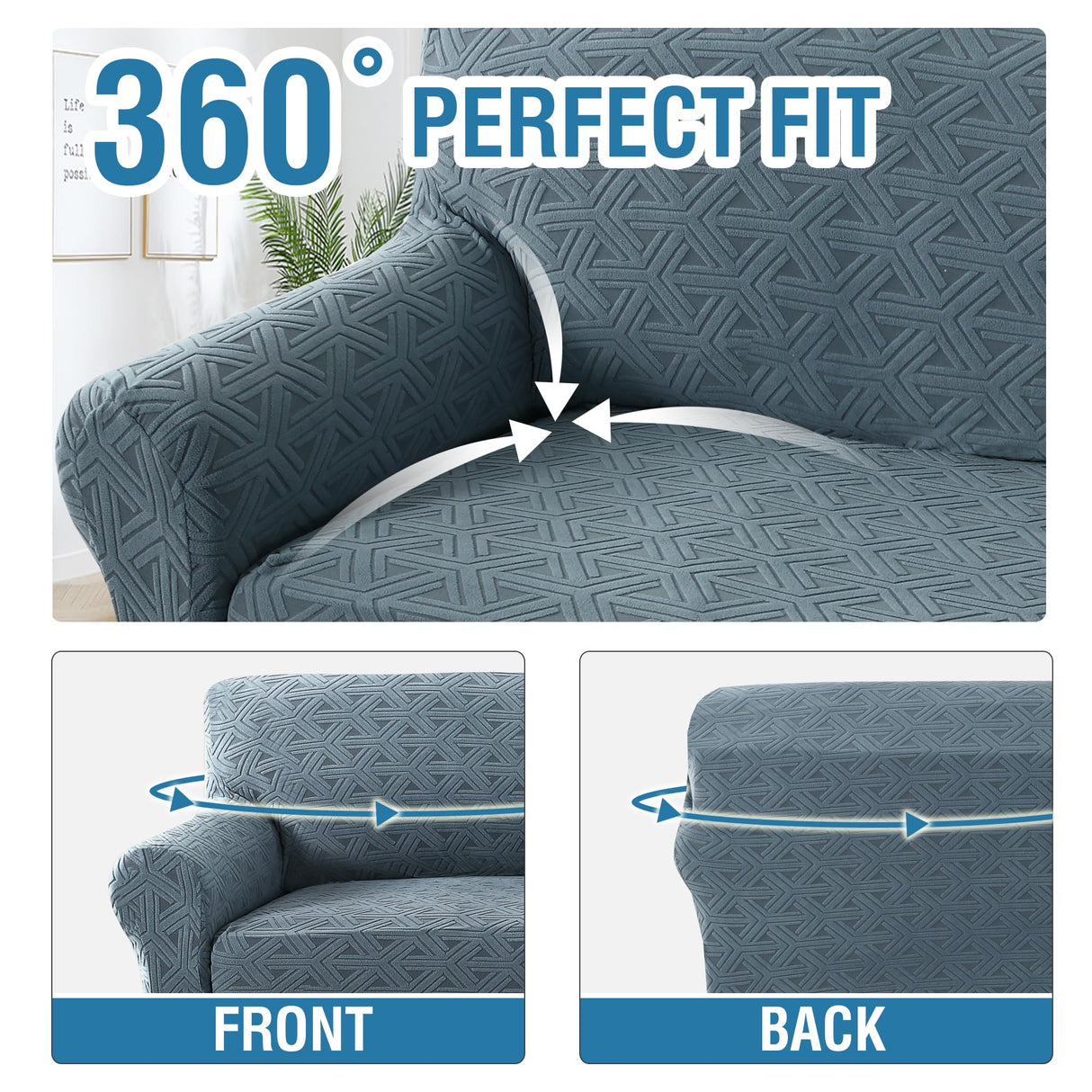 H.VERSAILTEX 2024 Newest Jacquard Couch Covers for 3 Cushion Couch 1 Piece Stretch Sofa Covers Furniture Protector Anti-Slip Soft Thickened Dogs Slipcovers Washable Diamond Pattern(Sofa, Stone Blue)