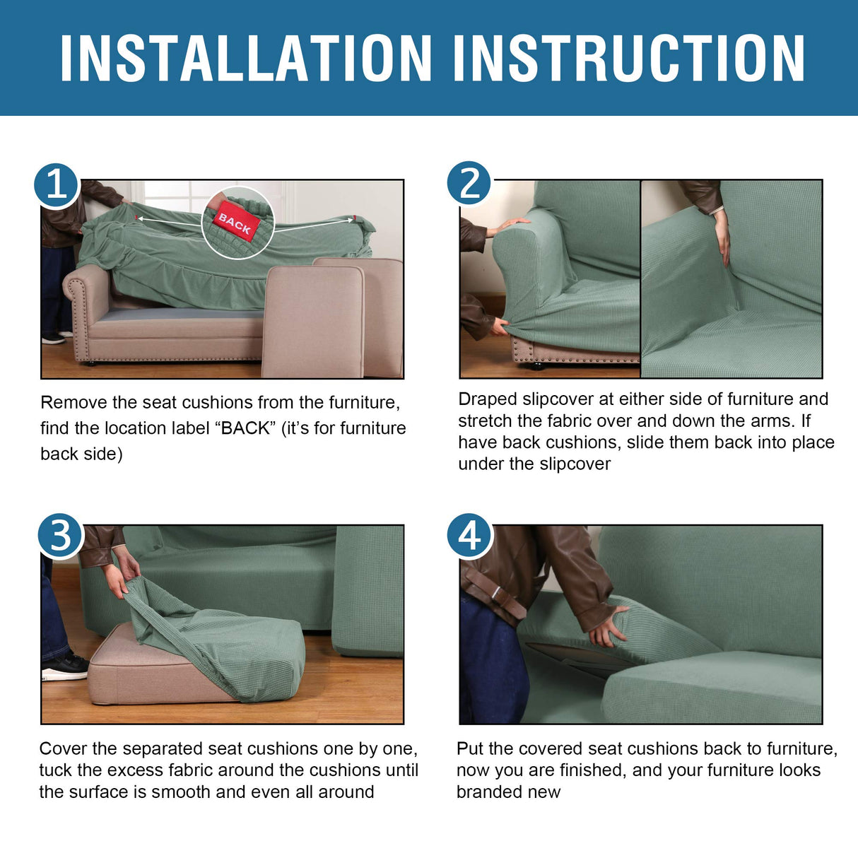 H.VERSAILTEX 4 Piece Stretch Sofa Covers for 3 Cushion Couch Covers for Living Room Furniture Slipcovers (Base Cover Plus 3 Seat Cushion Covers) Upgraded Thicker Jacquard Fabric (XL Sofa, Sage)