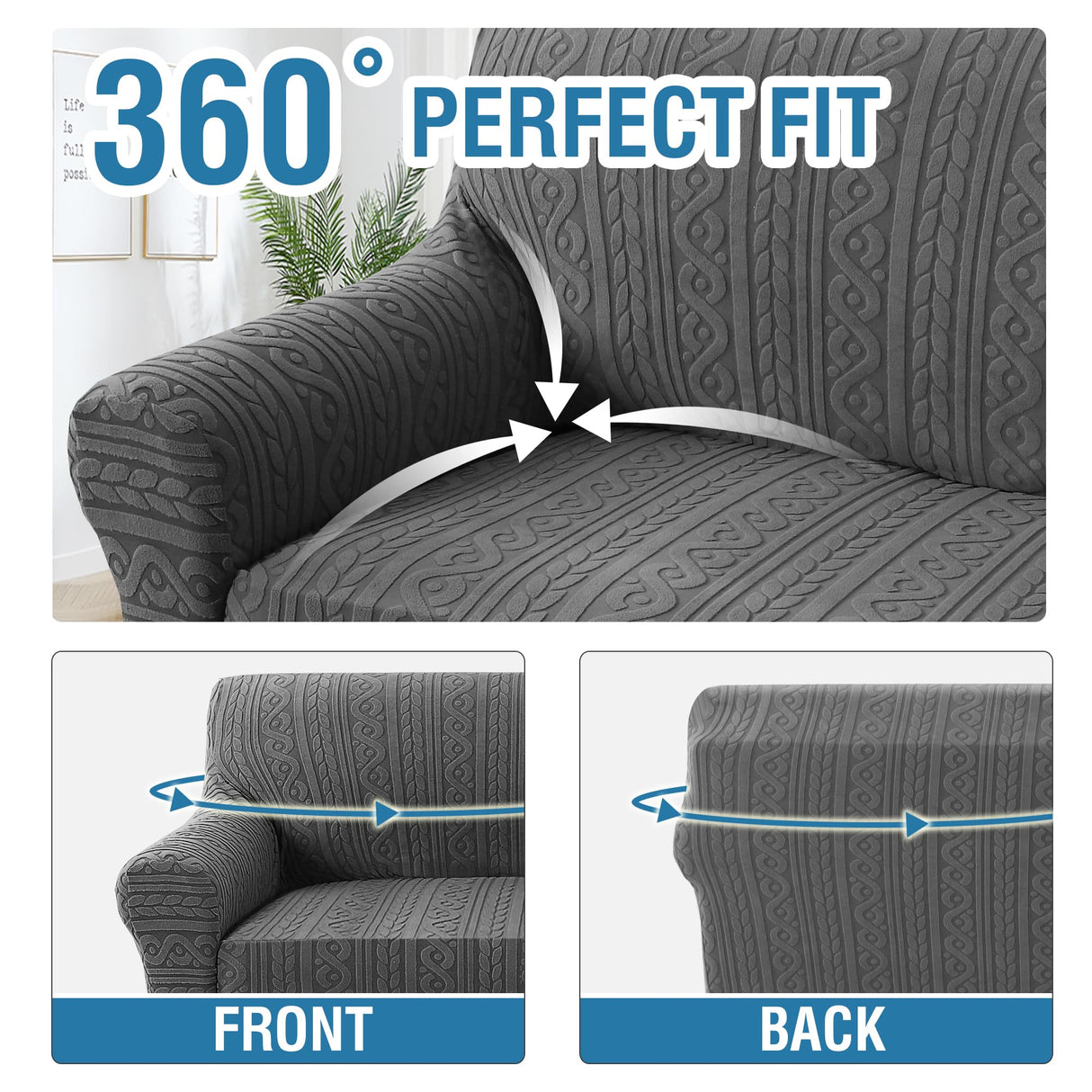 H.VERSAILTEX 2024 Newest Jacquard Couch Covers for 3 Cushion Couch 1 Piece Stretch Sofa Covers Furniture Protector Anti-Slip Soft Thickened Dogs Slipcovers Washable Spiral Pattern(Sofa, Grey)