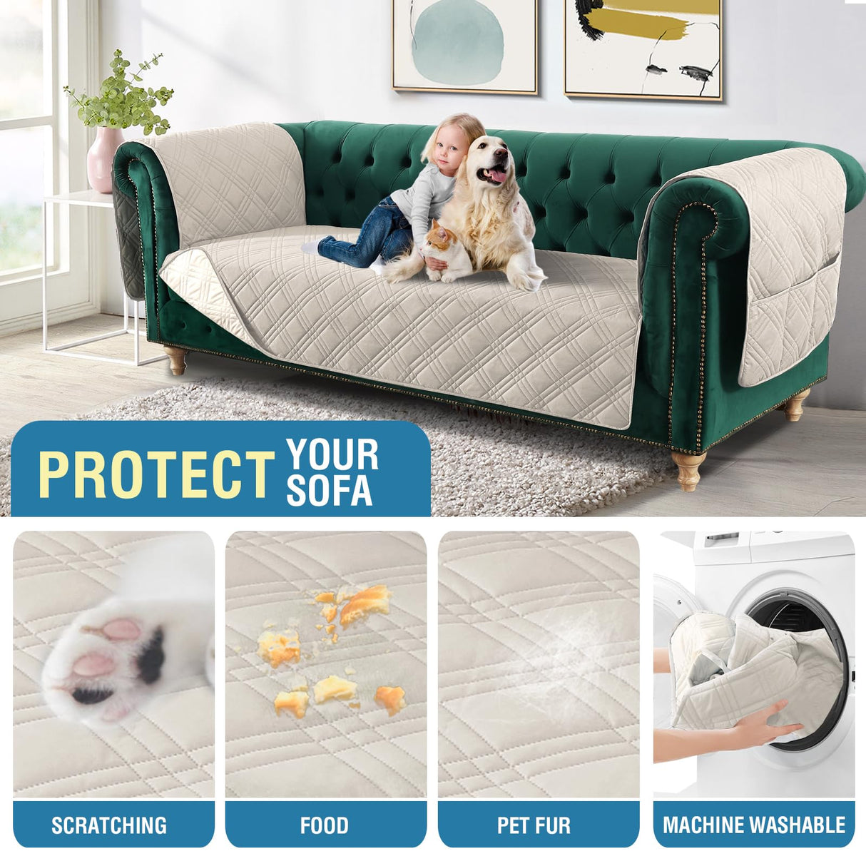 PrimeBeau 100% Waterproof Sofa & Oversize Sofa Covers Traditional Chesterfield Sofa Covers with Extra Long Armrest Cover Waterproof and Washable Thick Couch Cover for Dogs (1 Piece)