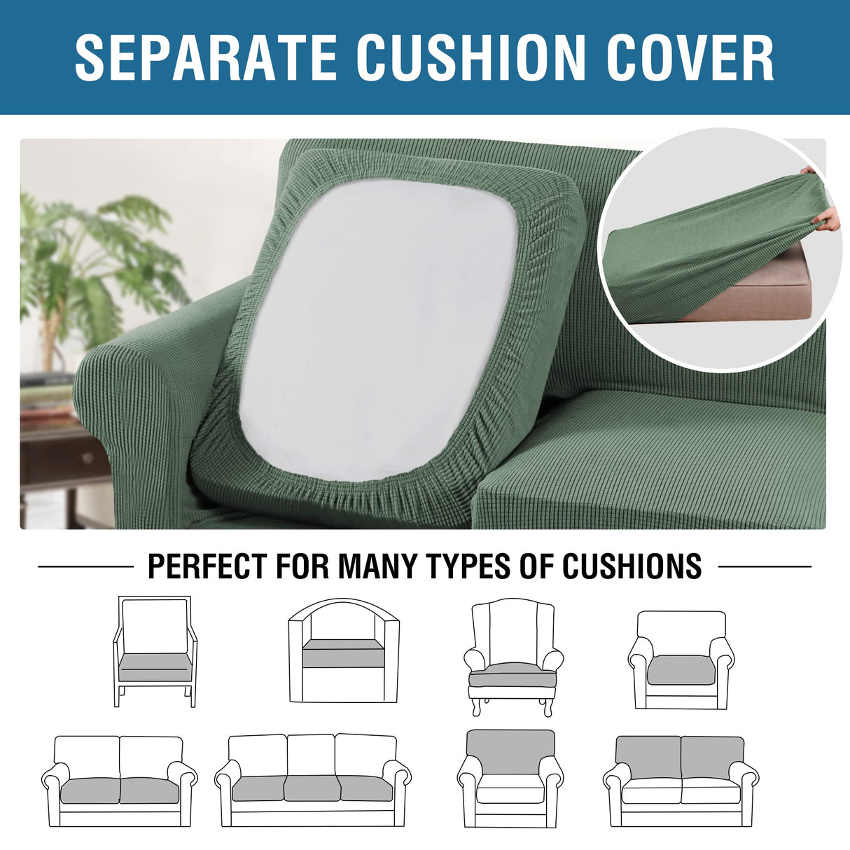 H.VERSAILTEX 4 Piece Stretch Sofa Covers for 3 Cushion Couch Covers for Living Room Furniture Slipcovers (Base Cover Plus 3 Seat Cushion Covers) Upgraded Thicker Jacquard Fabric (Sofa, Loden Frost)