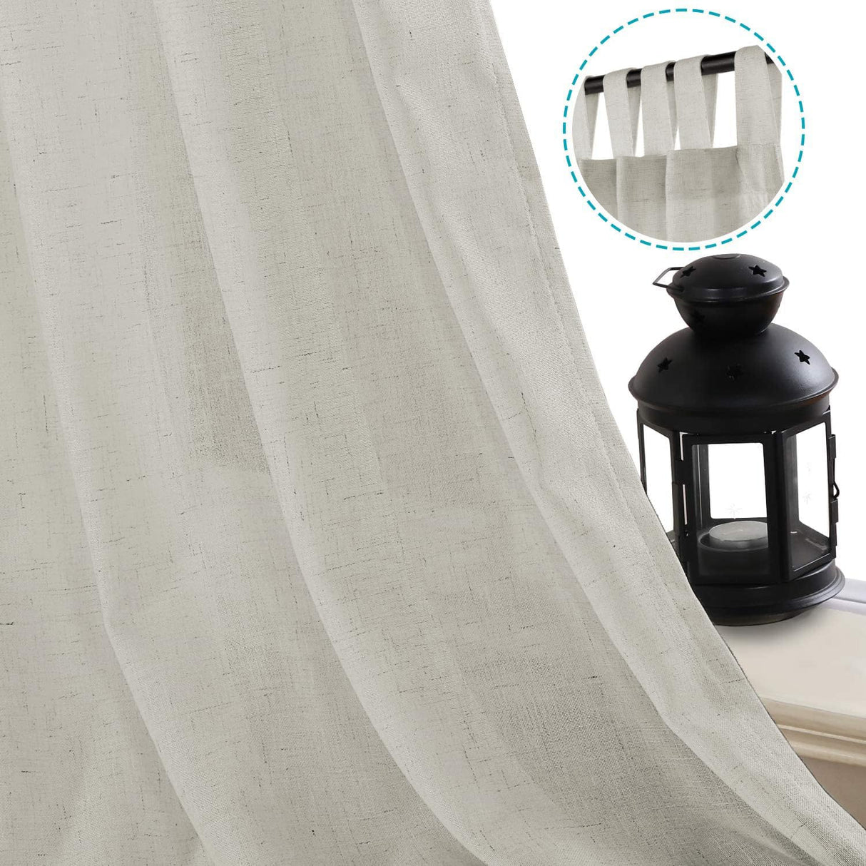 PrimeBeau Natural Linen Mix Tab Top Curtains, Light Filtering Panels (Set of 2)