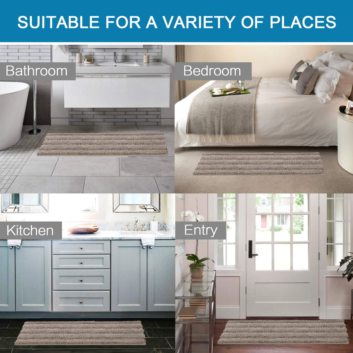 PrimeBeau Luxury Chenille Striped Bath Mats Set | Ultra Thick & Absorbent Non Slip Rugs 47“ x 17"