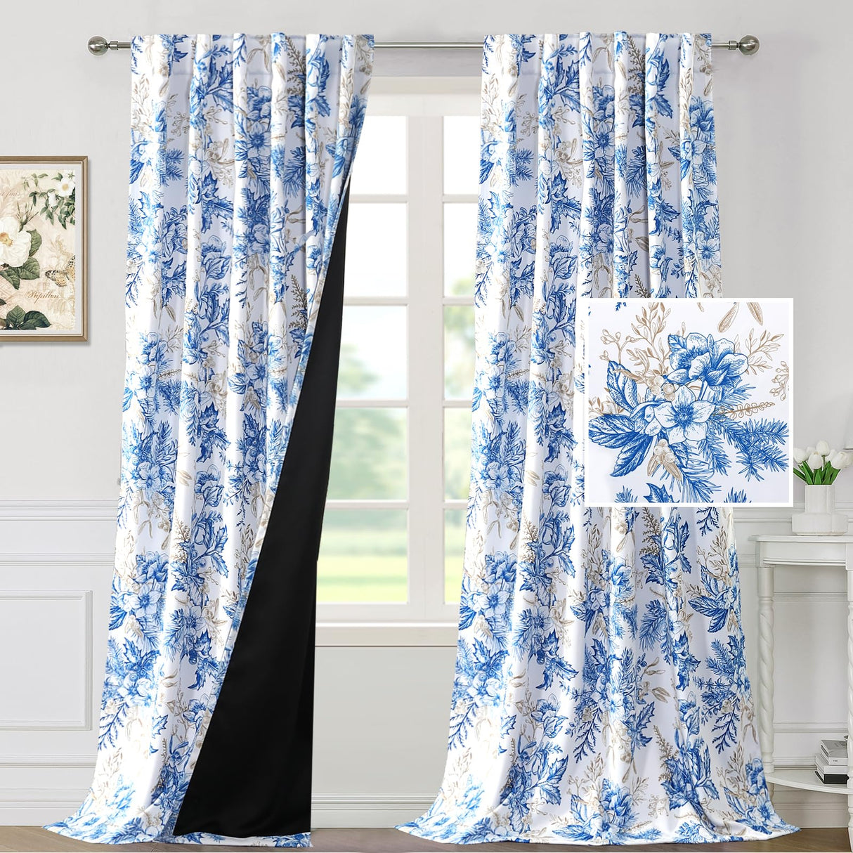 PrimeBeau 100% Blackout Curtains Vintage Floral Printed Drapes (Set of 2 Panels), Blue and Wheat