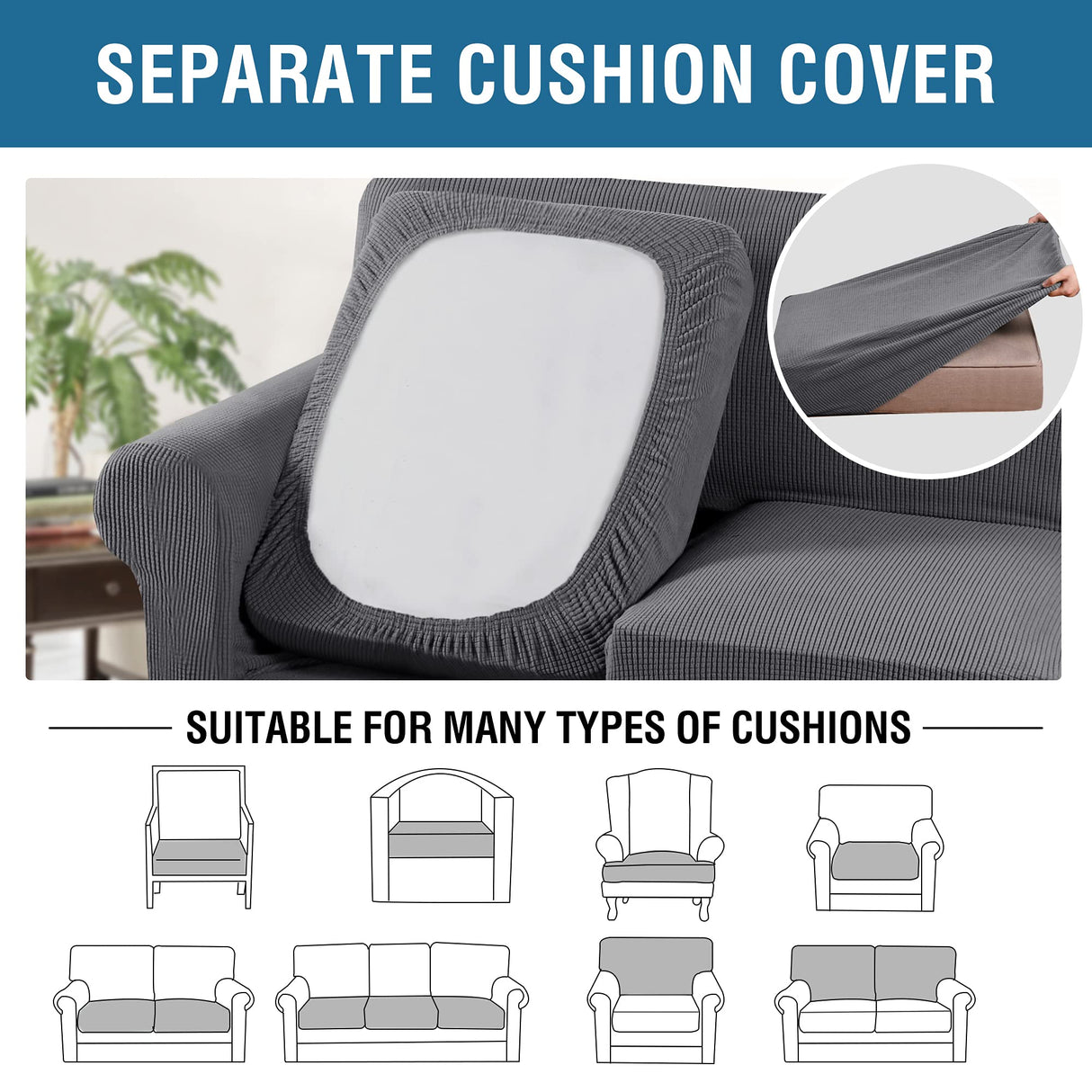H.VERSAILTEX 4 Piece Stretch Sofa Covers for 3 Cushion Couch Covers for Living Room Furniture Slipcovers (Base Cover Plus 3 Seat Cushion Covers) Upgraded Thicker Jacquard Fabric (Sofa, Grey)