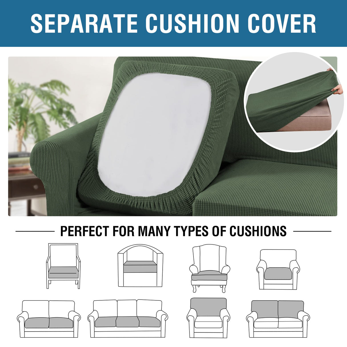 H.VERSAILTEX 4 Piece Stretch Sofa Covers for 3 Cushion Couch Covers for Living Room Furniture Slipcovers (Base Cover Plus 3 Seat Cushion Covers) Thicker Jacquard Fabric (XL Sofa, Bronze Green)
