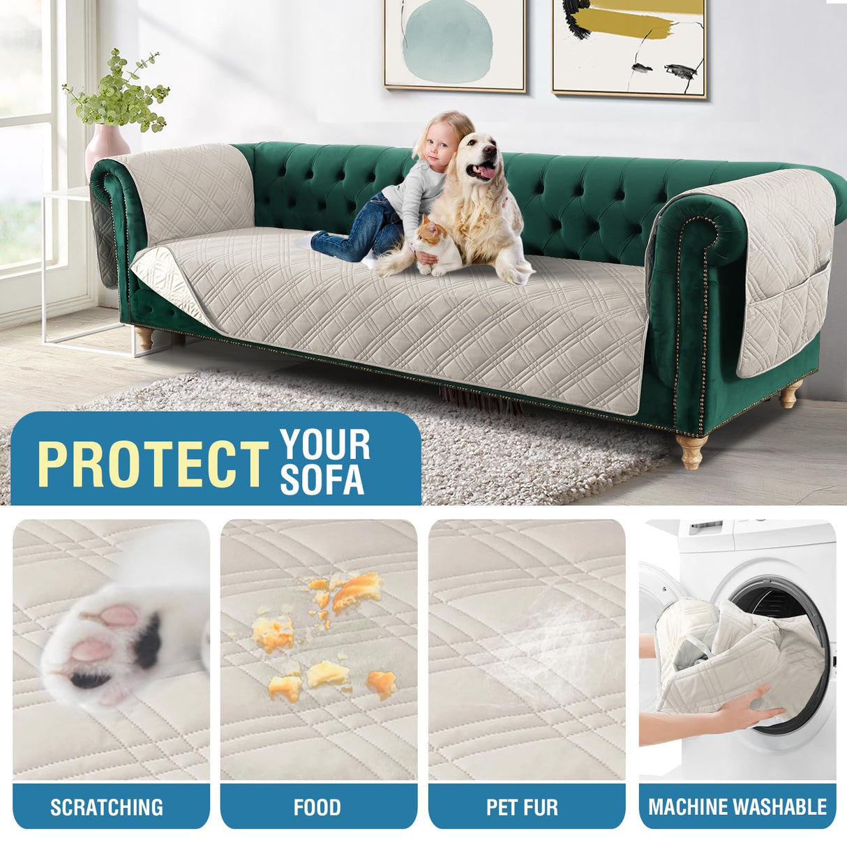 PrimeBeau 100% Waterproof Sofa & Oversize Sofa Covers Traditional Chesterfield Sofa Covers with Extra Long Armrest Cover Waterproof and Washable Thick Couch Cover for Dogs (1 Piece)