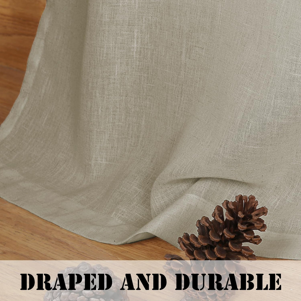 PrimeBeau Natural Linen Mix Tab Top Curtains, Light Filtering Panels (Set of 2)