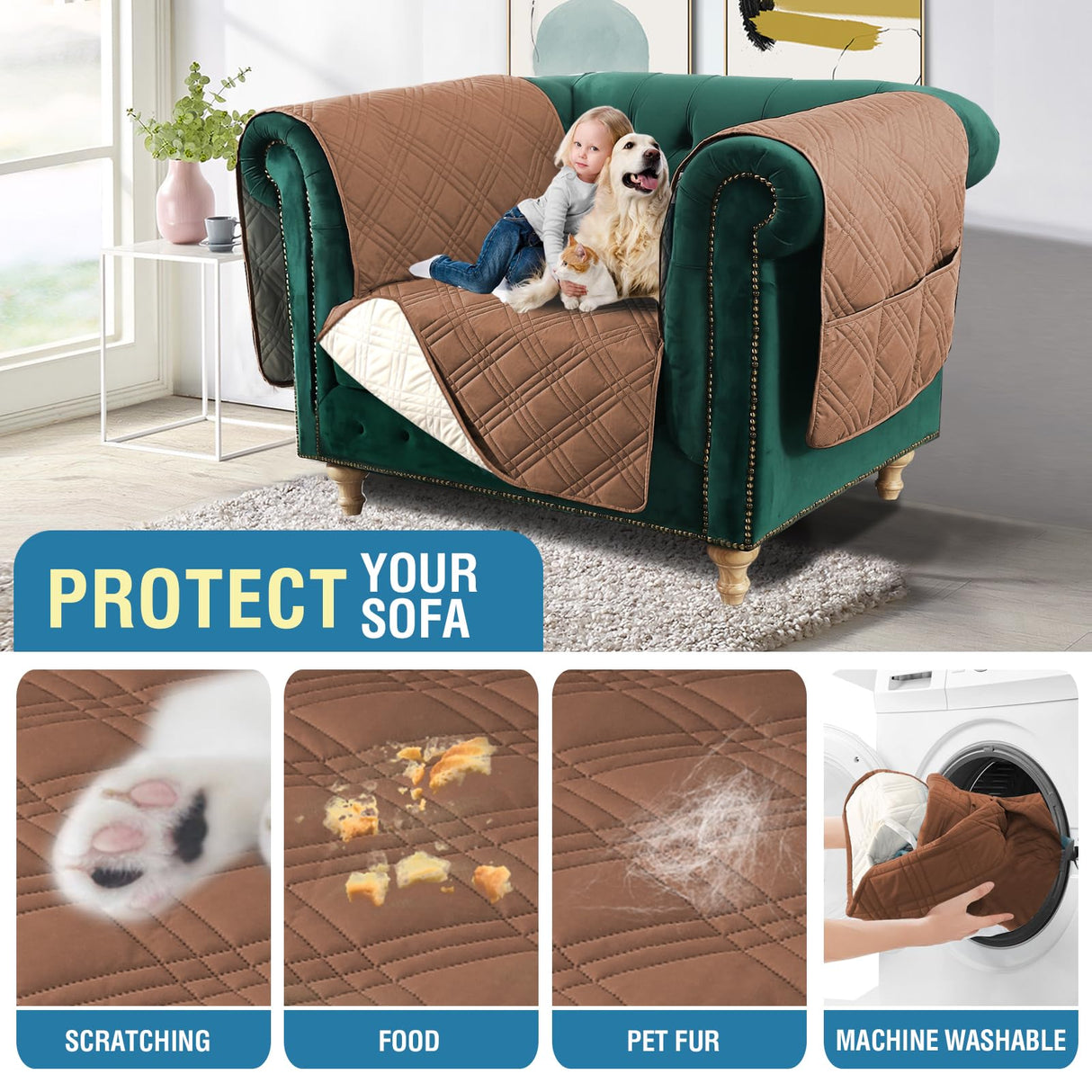 PrimeBeau 100% Waterproof Oversized Armchair Couch Covers Traditional Chesterfield Sofa Covers with Extra Long Armrest Cover Waterproof and Washable Thick Couch Cover for Dogs (1 Piece)