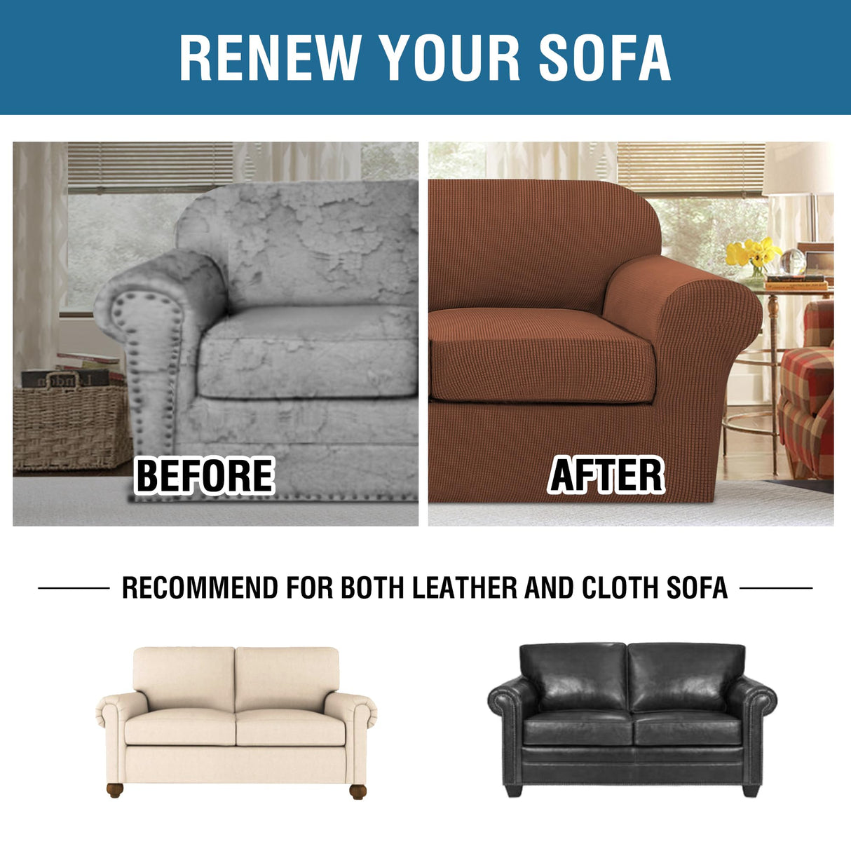 H.VERSAILTEX 3 Piece Stretch Sofa Covers for 2 Cushion Sofa Couch Covers for Living Room Sofa Slipcovers (Base Cover Plus 2 Seat Cushion Covers) Thicker Jacquard Fabric(Large Sofa, Caramel)