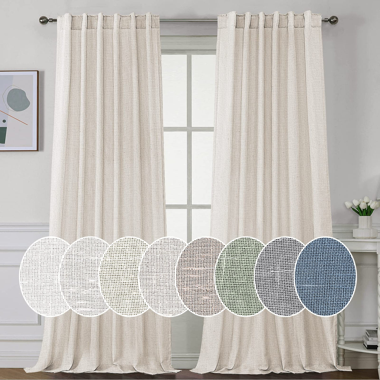 PrimeBeau Natural Linen Curtains 2 Panels Back Tab Loop Pocket Boho Sheer Curtain