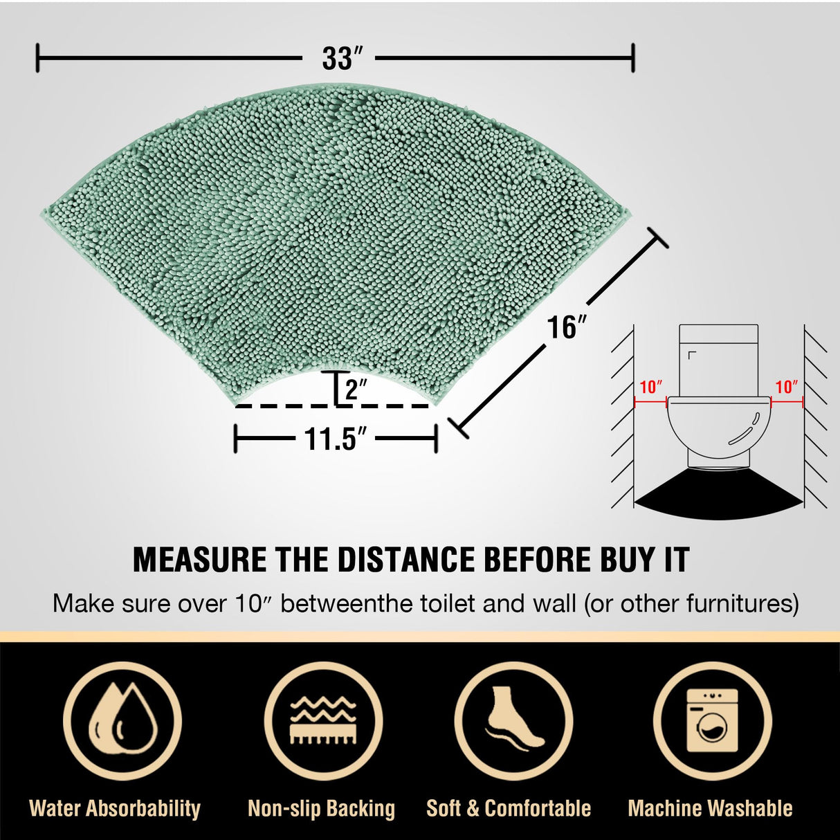 PrimeBeau Curved Bath Mat Luxury Chenille Extra Soft Absorbent Non Slip Quick Dry 16x33 (1 Piece)