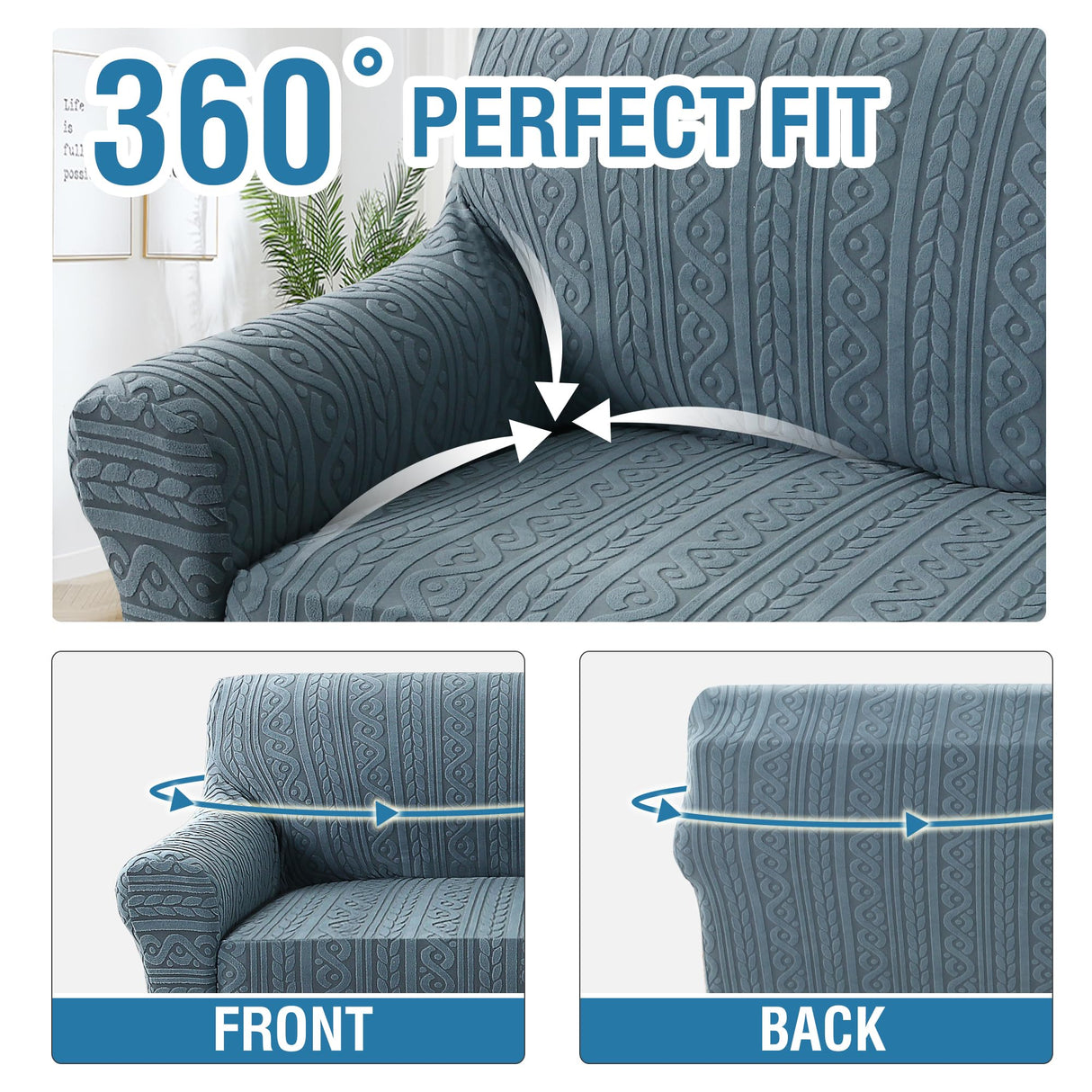 H.VERSAILTEX 2024 Newest Jacquard Couch Covers for 3 Cushion Couch 1 Piece Stretch Sofa Covers Furniture Protector Anti-Slip Soft Thickened Dogs Slipcovers Washable Spiral Pattern(Sofa, Stone Blue)