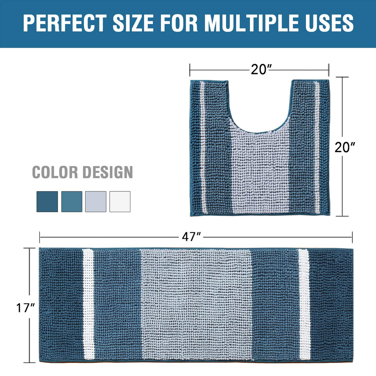 PrimeBeau Bath Rug Set 2 Piece for Bathroom Bath Mats Non Slip Bouncy Chenille Ombre Dyeing Bath Rugs Rectangle, Water Absorbent Striped Shag Mats