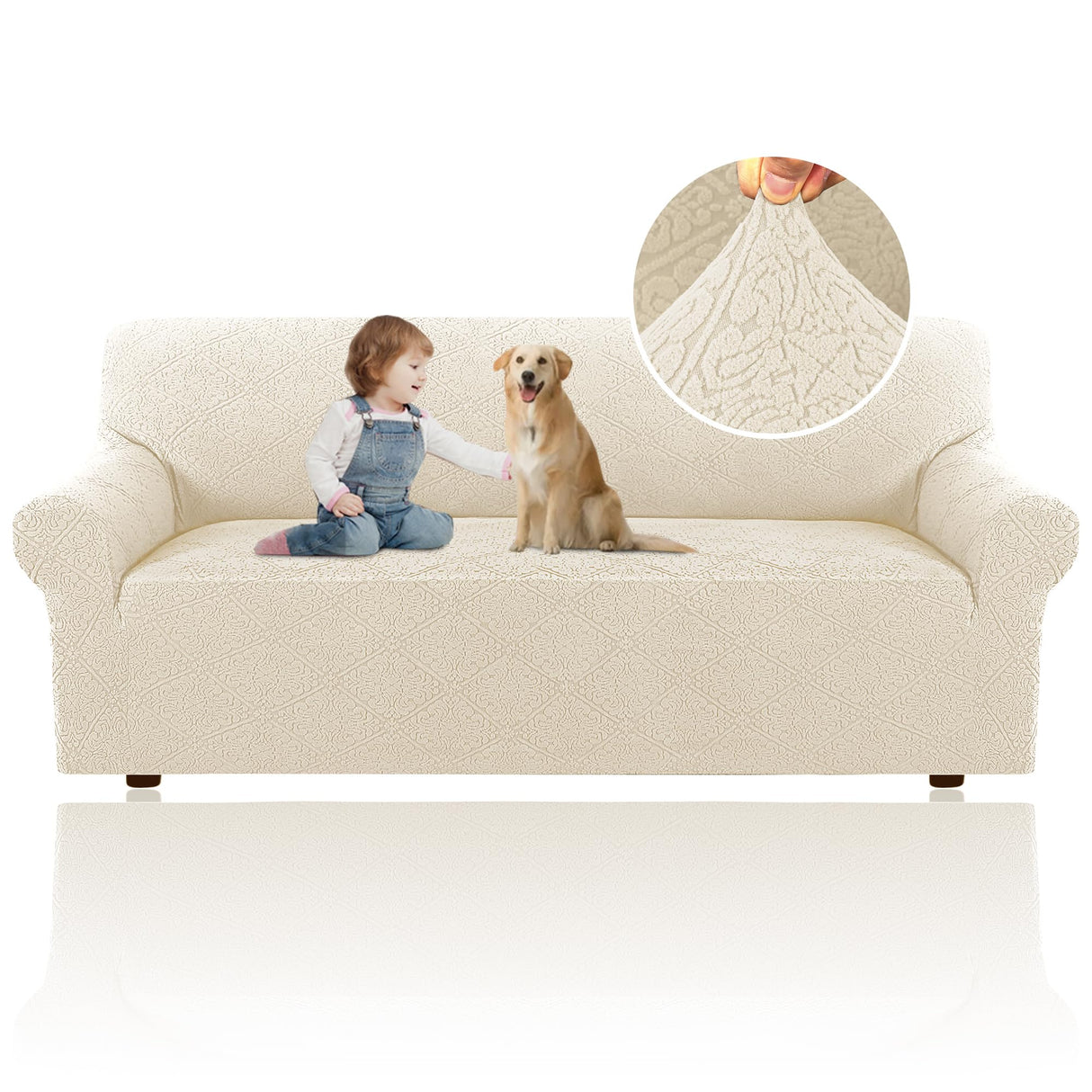 H.VERSAILTEX 2024 Newest Jacquard Couch Covers for 3 Cushion Couch 1 Piece Stretch Sofa Covers Furniture Protector Anti-Slip Soft Thickened Dogs Slipcovers Washable Damask Pattern(Sofa, Ivory)