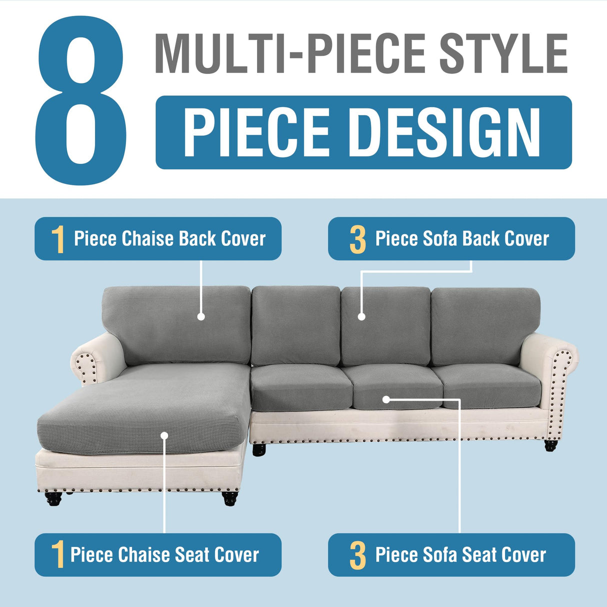 PrimeBeau 2024 New Sectional Couch Covers 8 Pieces Stretch Sofa Covers for Sectional Sofa Set Separate L Shaped Couch Cover for Both Left/Right Couch (Seat and Back: 1 Chaise for Sofa)