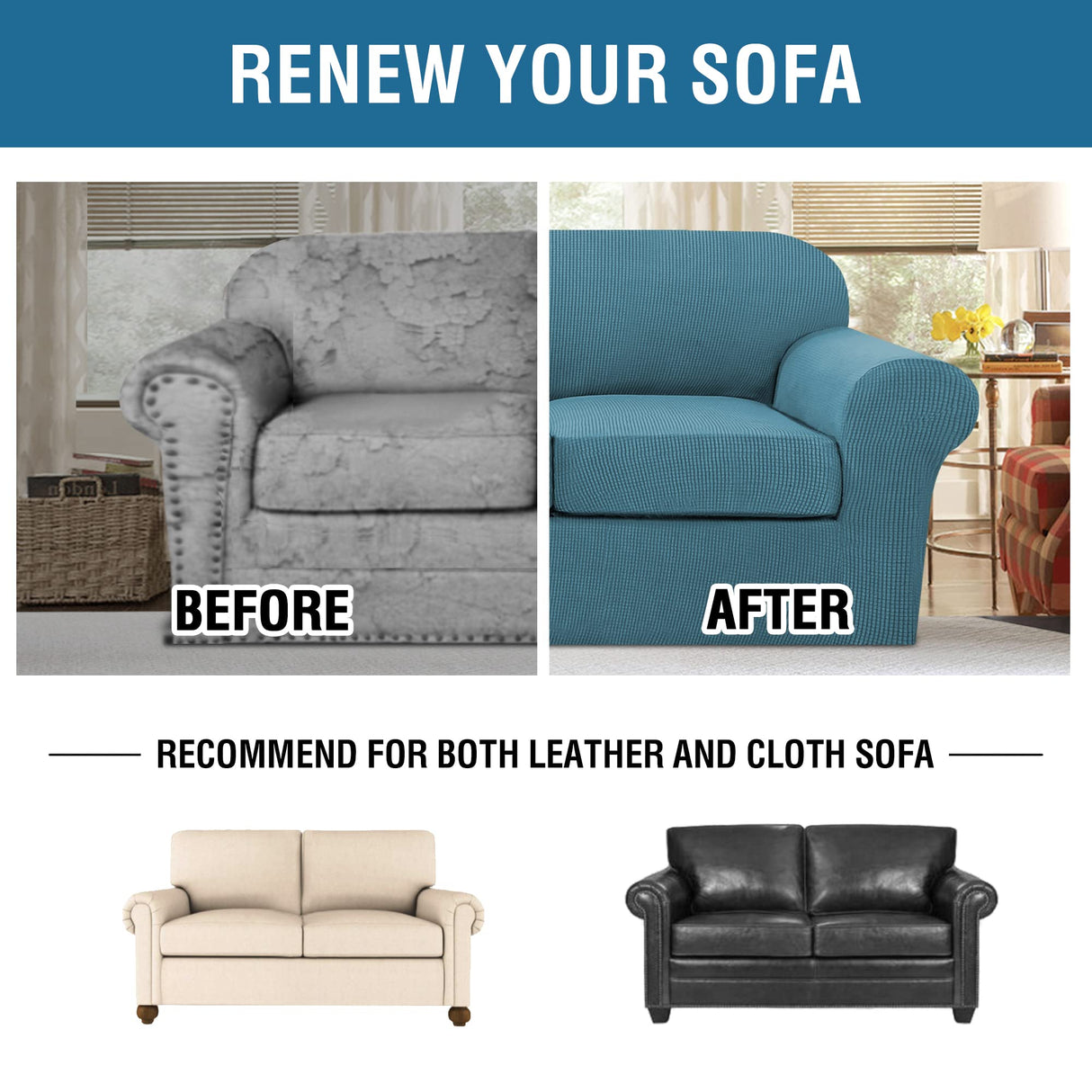 H.VERSAILTEX 3 Piece Stretch Sofa Covers for 2 Cushion Loveseat Couch Covers for Living Room Furniture Cover (Base Cover Plus 2 Seat Cushion Covers) Thicker Jacquard Fabric(Medium, Storm Blue)