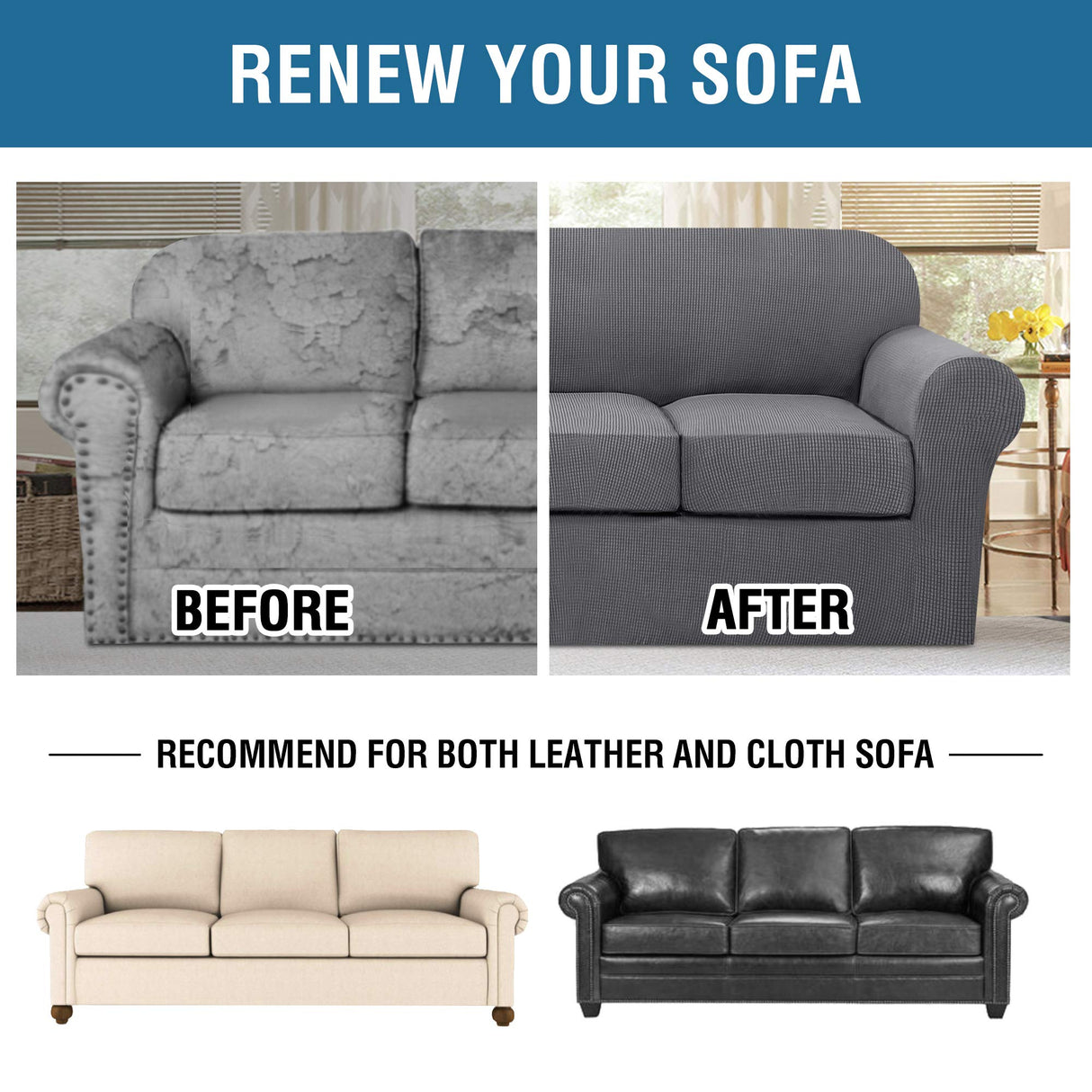 H.VERSAILTEX 4 Piece Stretch Sofa Covers for 3 Cushion Couch Covers for Living Room Furniture Slipcovers (Base Cover Plus 3 Seat Cushion Covers) Upgraded Thicker Jacquard Fabric (Sofa, Grey)