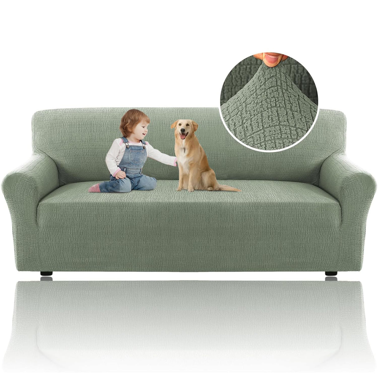 H.VERSAILTEX 2024 Newest Jacquard Couch Covers for 3 Cushion Couch 1 Piece Stretch Sofa Covers Furniture Protector Anti-Slip Soft Thickened Dogs Slipcovers Washable Crizzle Pattern(Sofa, Sea Grass)