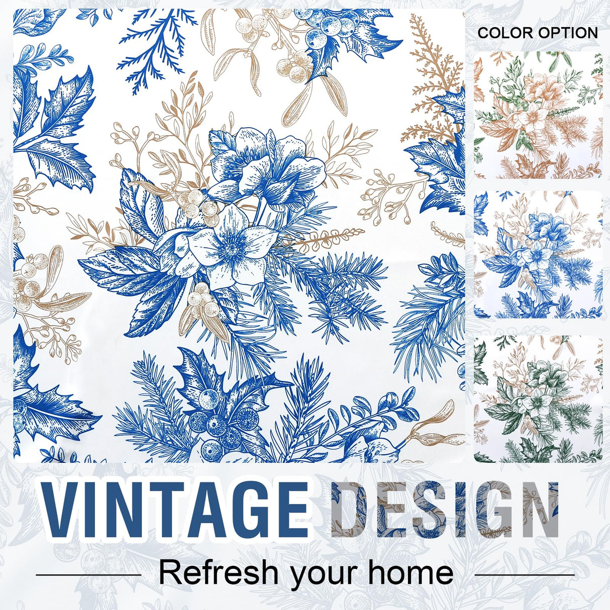 PrimeBeau 100% Blackout Curtains Vintage Floral Printed Drapes (Set of 2 Panels), Blue and Wheat