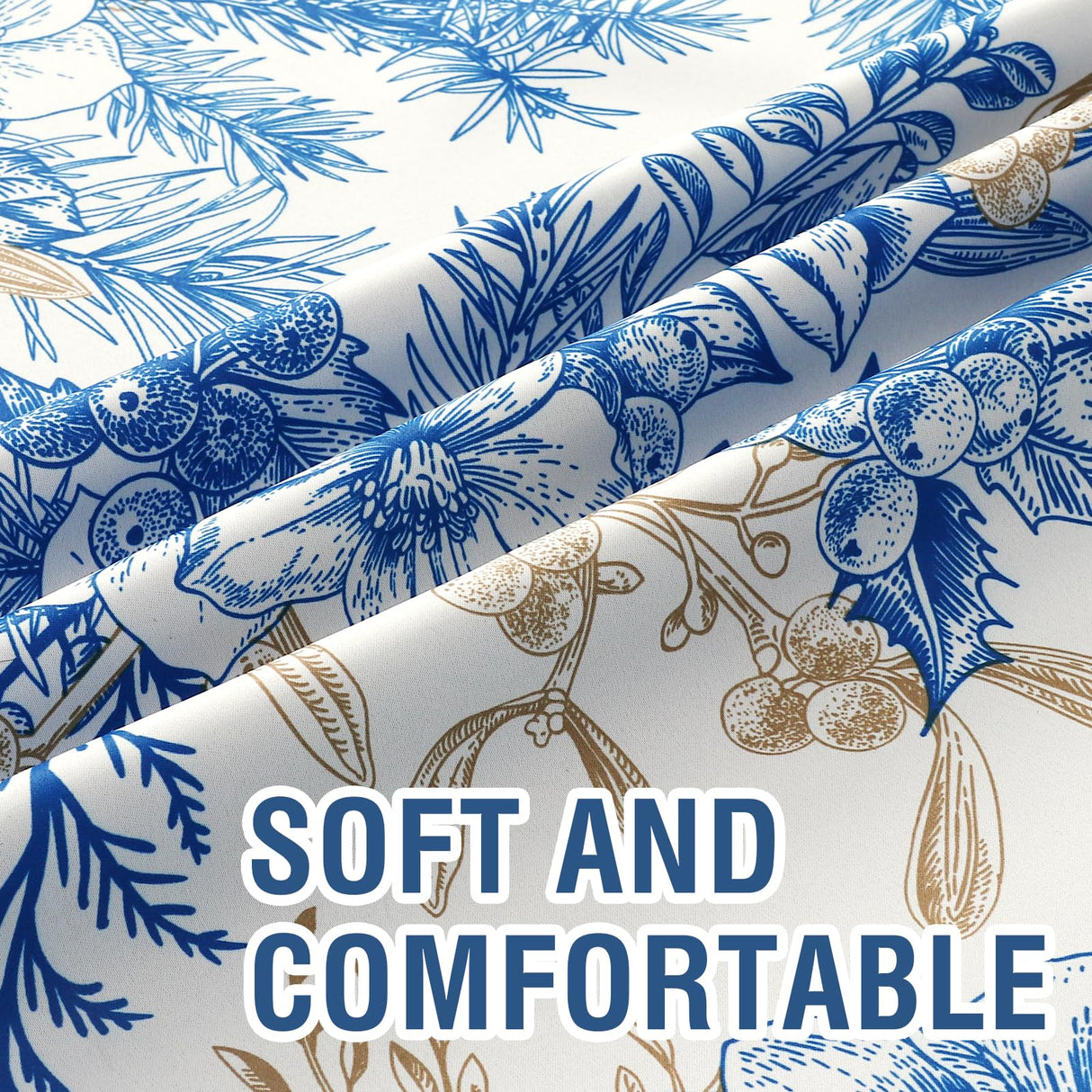 PrimeBeau 100% Blackout Curtains Vintage Floral Printed Drapes (Set of 2 Panels), Blue and Wheat