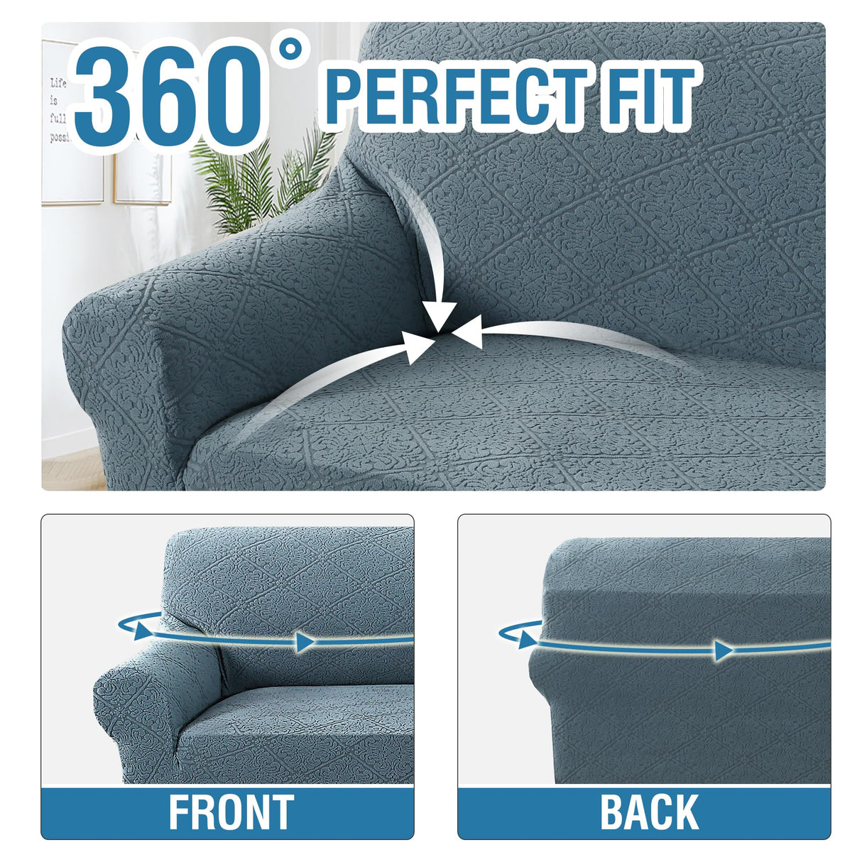 H.VERSAILTEX 2024 Newest Jacquard Couch Covers for 3 Cushion Couch 1 Piece Stretch Sofa Covers Furniture Protector Anti-Slip Soft Thickened Dogs Slipcovers Washable Damask Pattern(Sofa, Stone Blue)