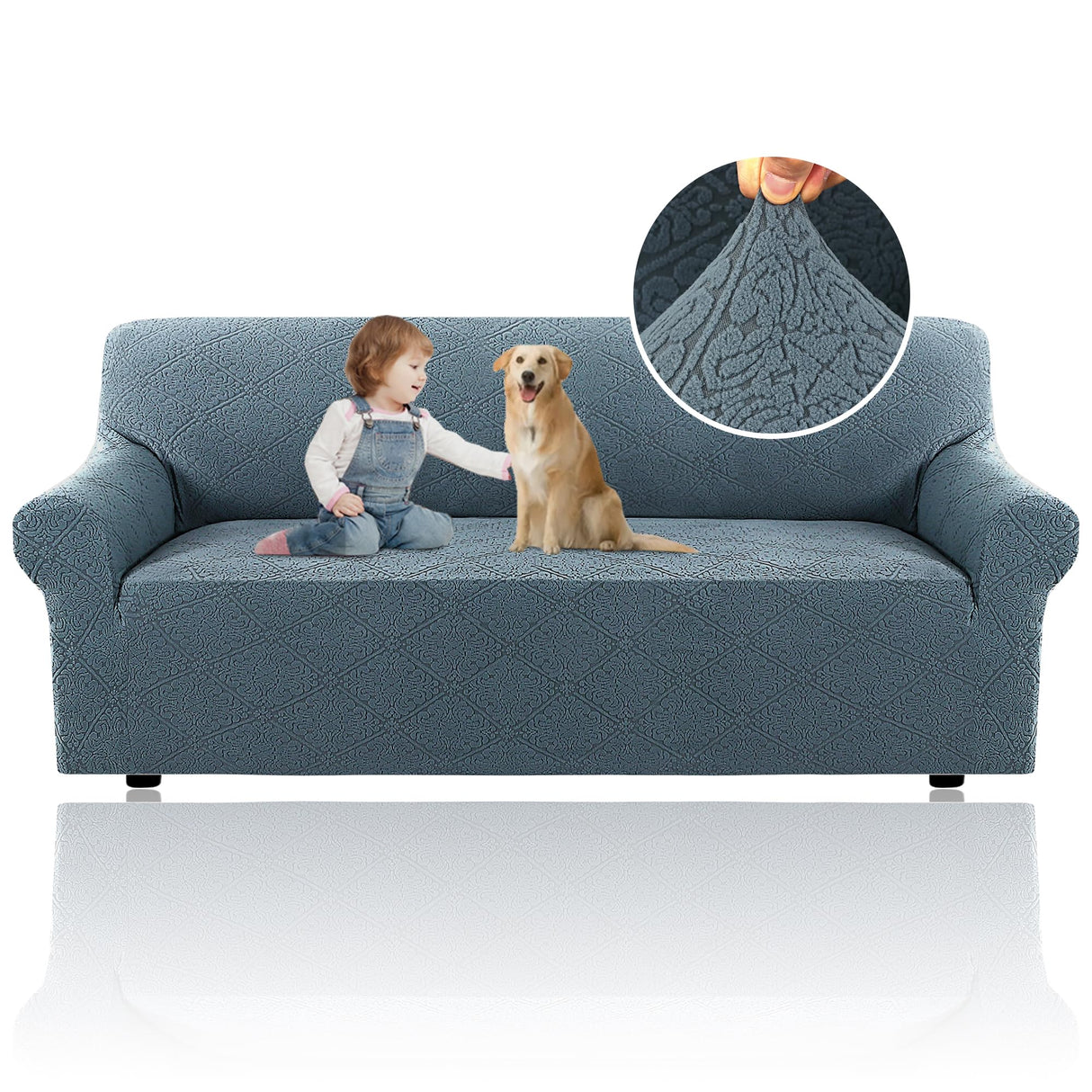 H.VERSAILTEX 2024 Newest Jacquard Couch Covers for 3 Cushion Couch 1 Piece Stretch Sofa Covers Furniture Protector Anti-Slip Soft Thickened Dogs Slipcovers Washable Damask Pattern(Sofa, Stone Blue)