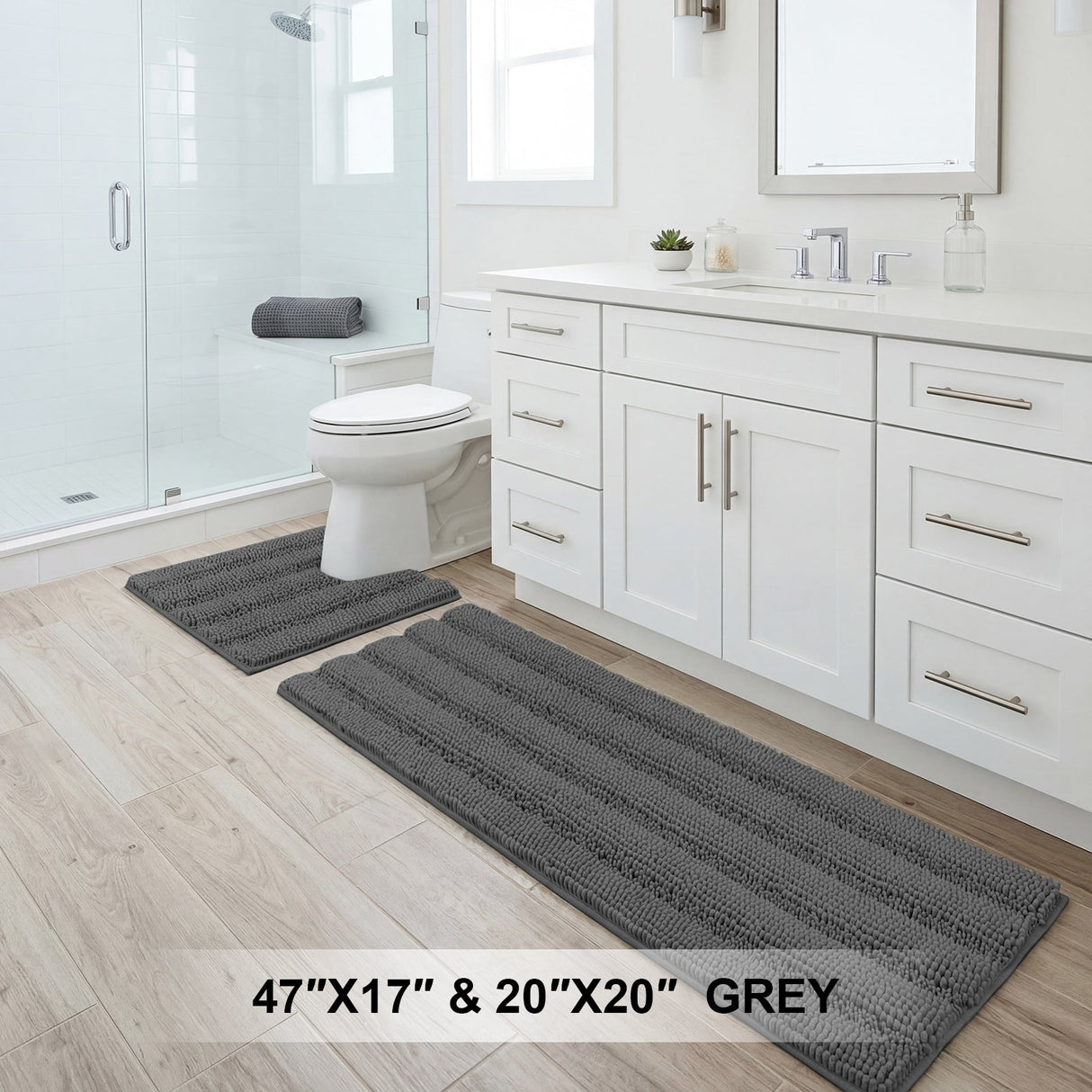 H.Versailtex 2 Pieces Extra Thick Chenille Striped Pattern Shaggy Bath Rugs Include 1 Rectangle and 1 Toilet Rug