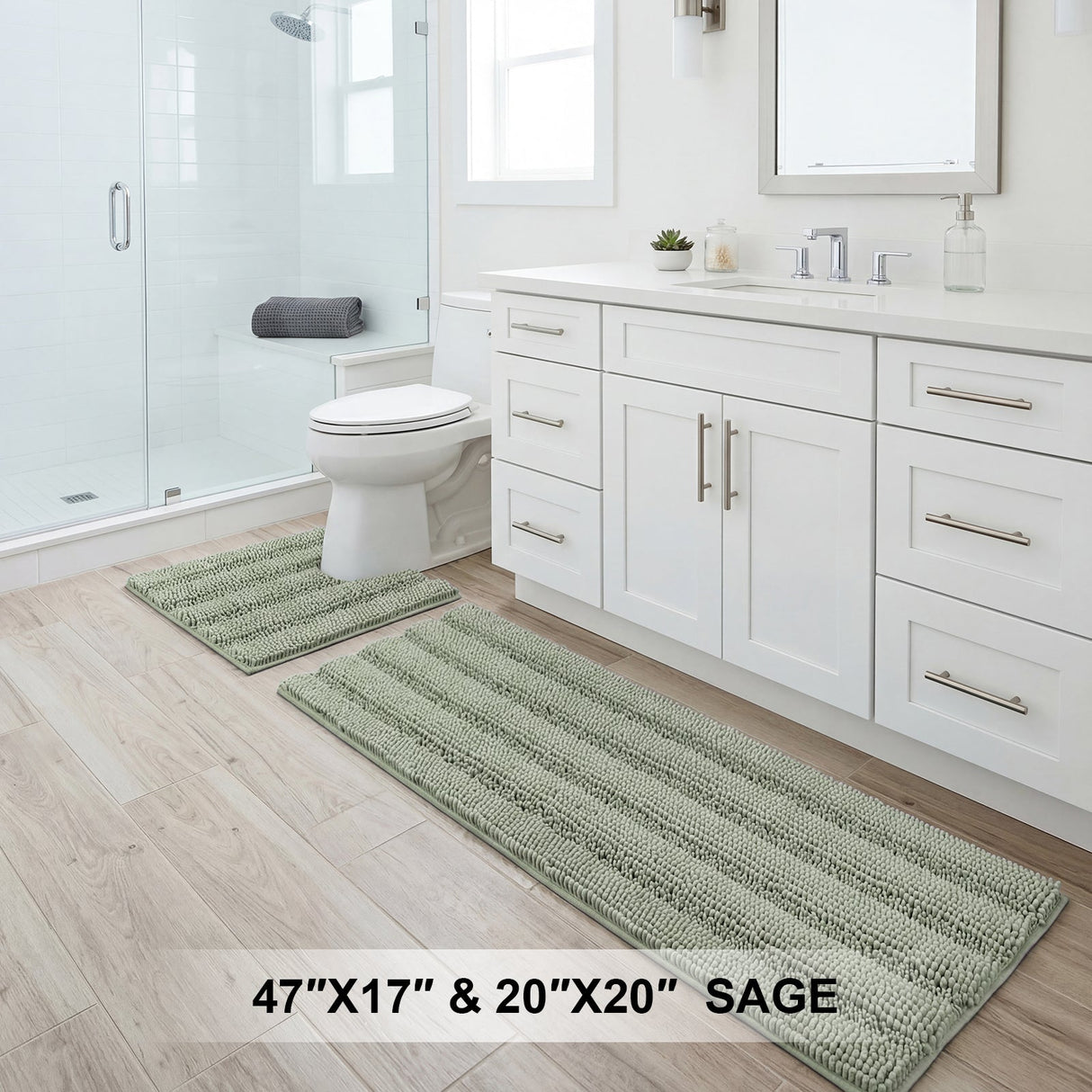 H.Versailtex 2 Pieces Extra Thick Chenille Striped Pattern Shaggy Bath Rugs Include 1 Rectangle and 1 Toilet Rug