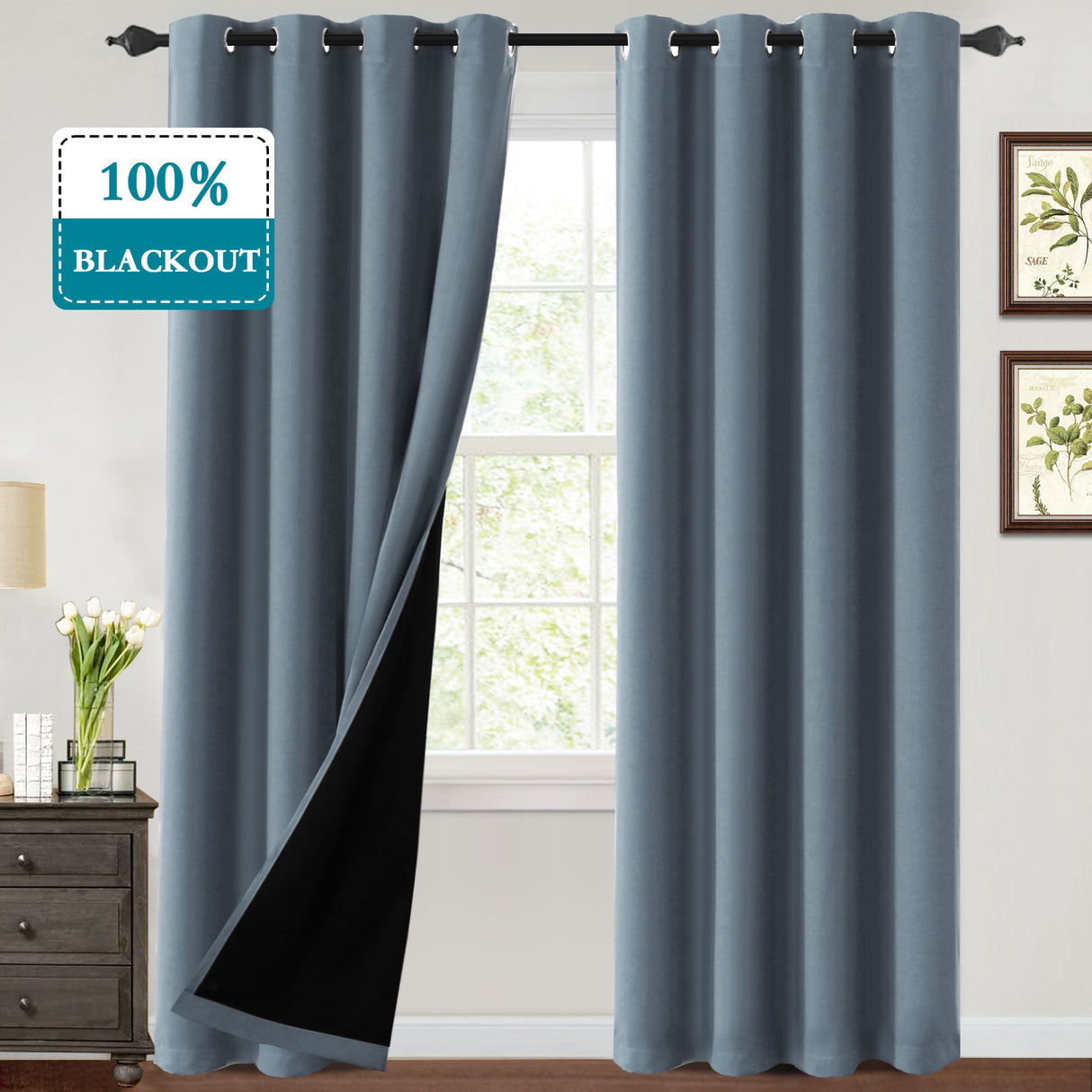 Thermal Insulated 100% Blackout Grommet Curtains for Bedroom with Black Liner(52 x 108-Inch, 2 Panels)