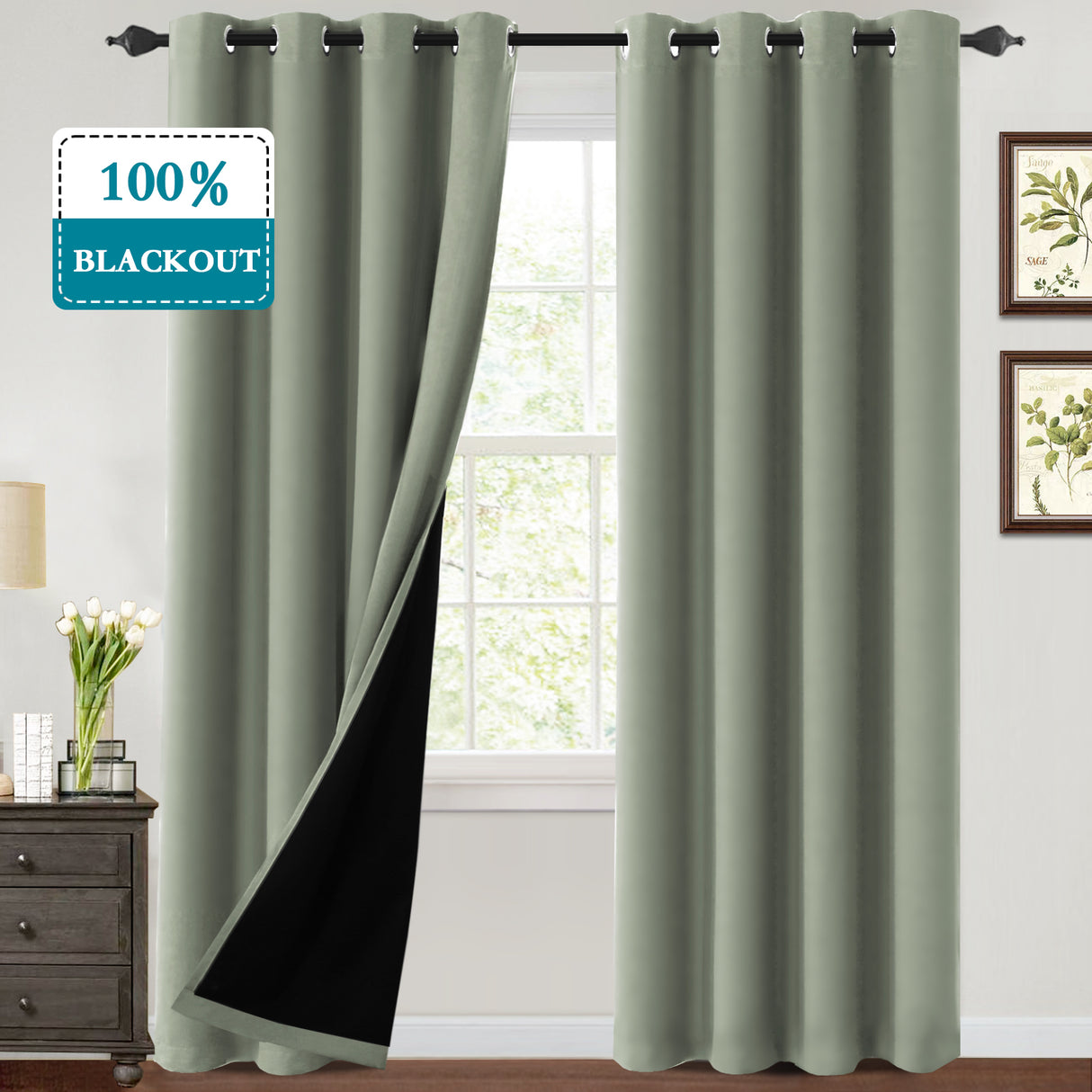 Thermal Insulated 100% Blackout Grommet Curtains for Bedroom with Black Liner(52 x 84-Inch, 2 Panels)